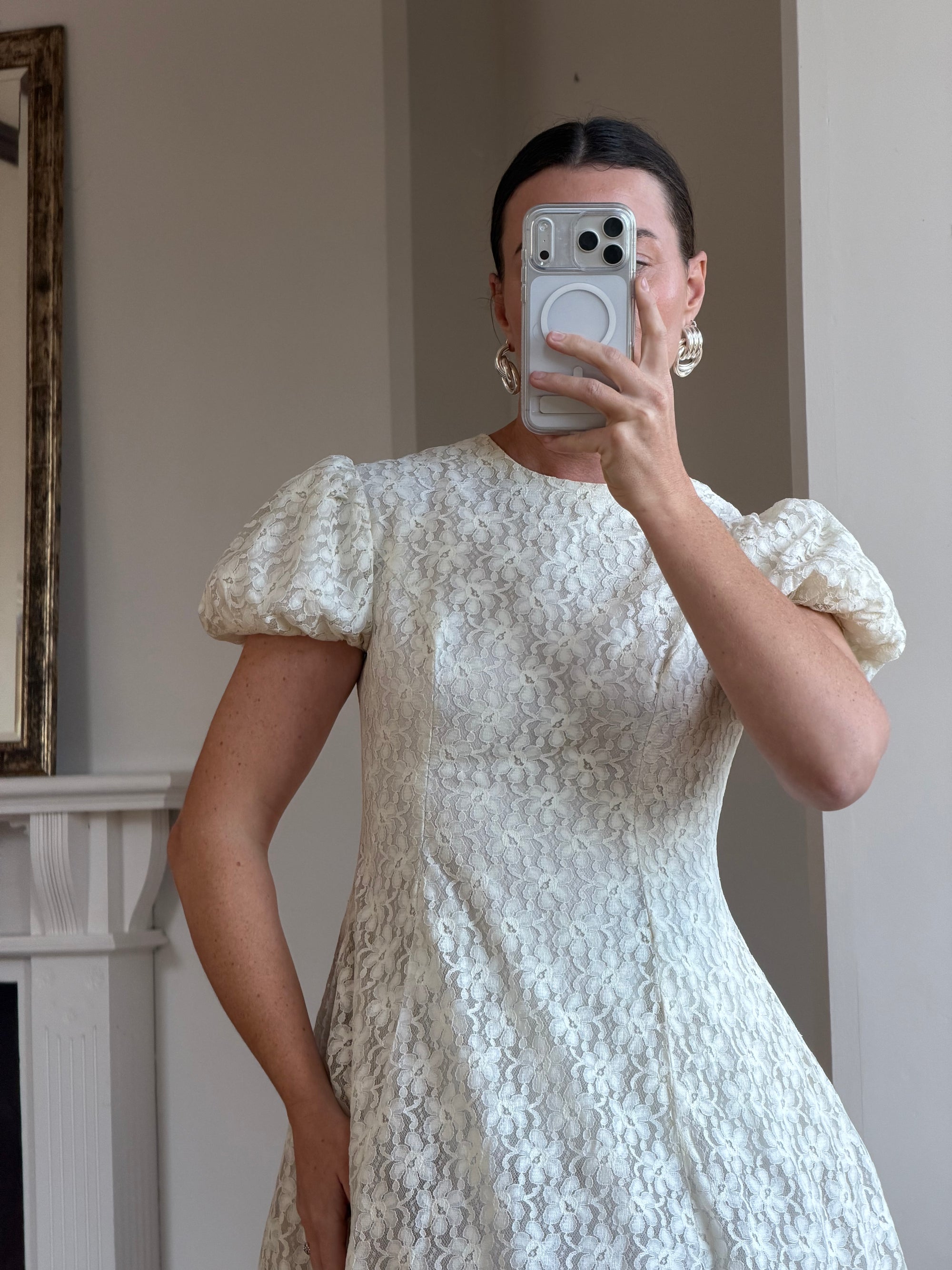 Vintage 60s Lace Puff Sleeve Wedding Dress with Bows