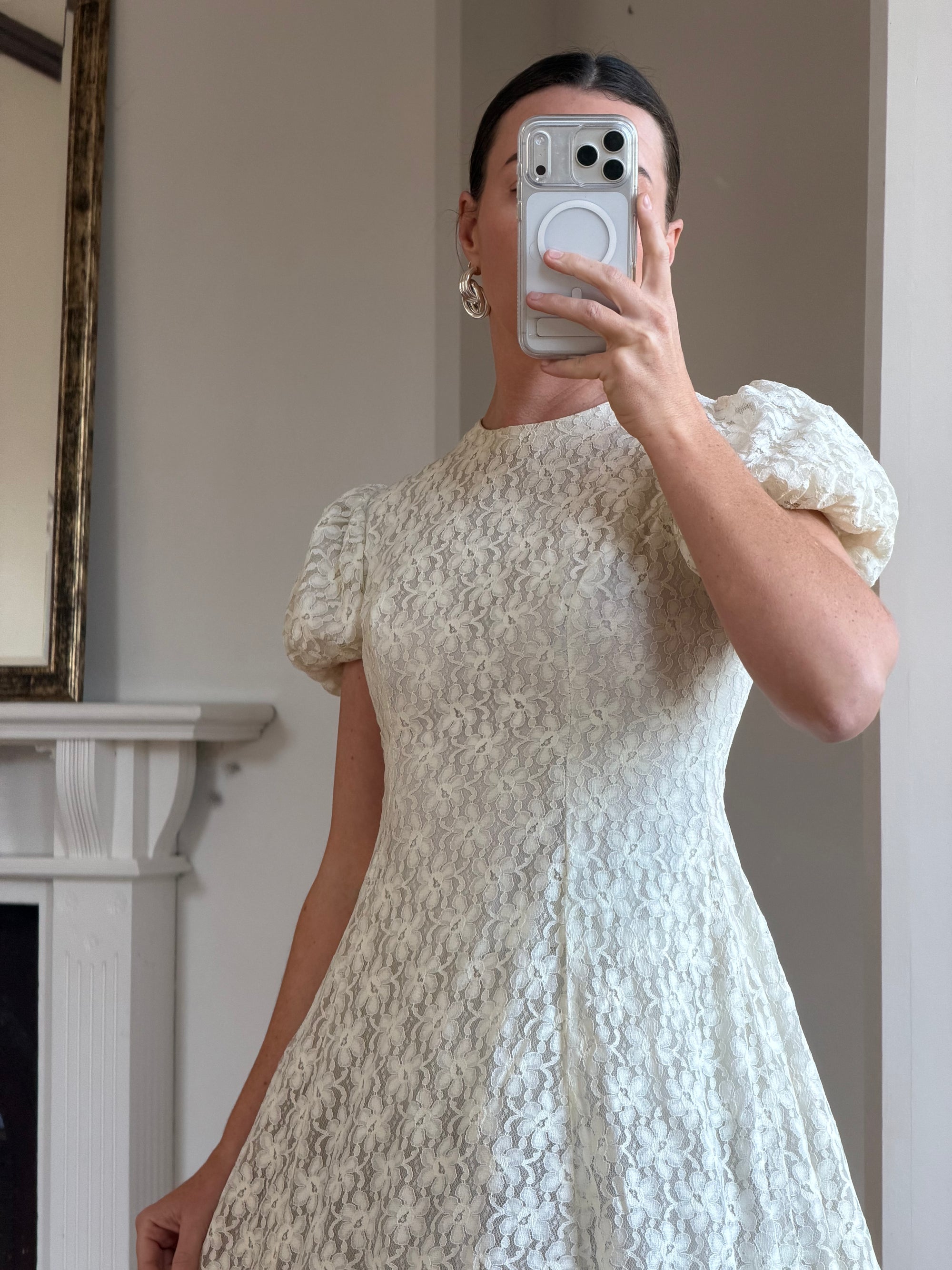 Vintage 60s Lace Puff Sleeve Wedding Dress with Bows