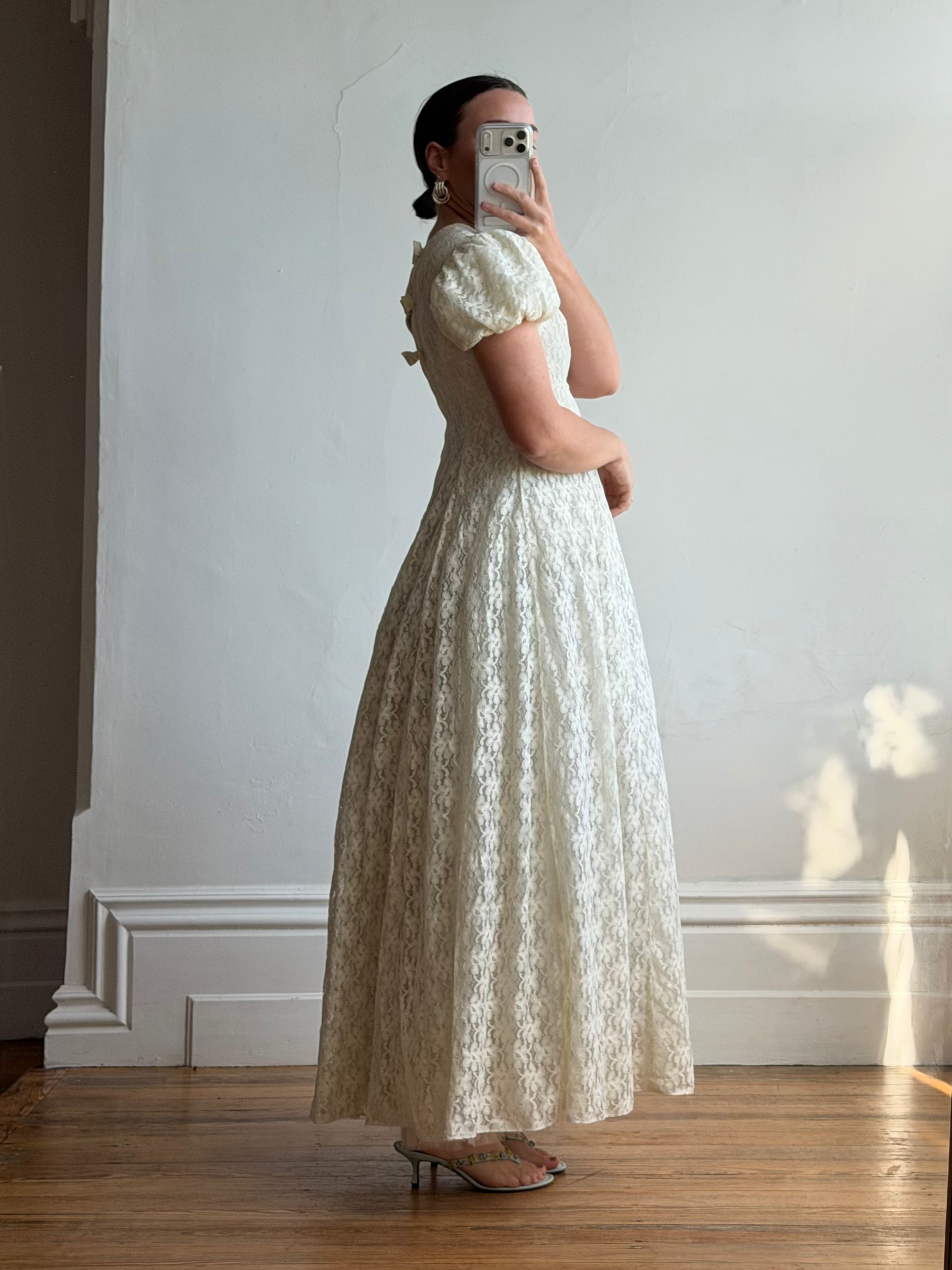 Vintage 60s Lace Puff Sleeve Wedding Dress with Bows