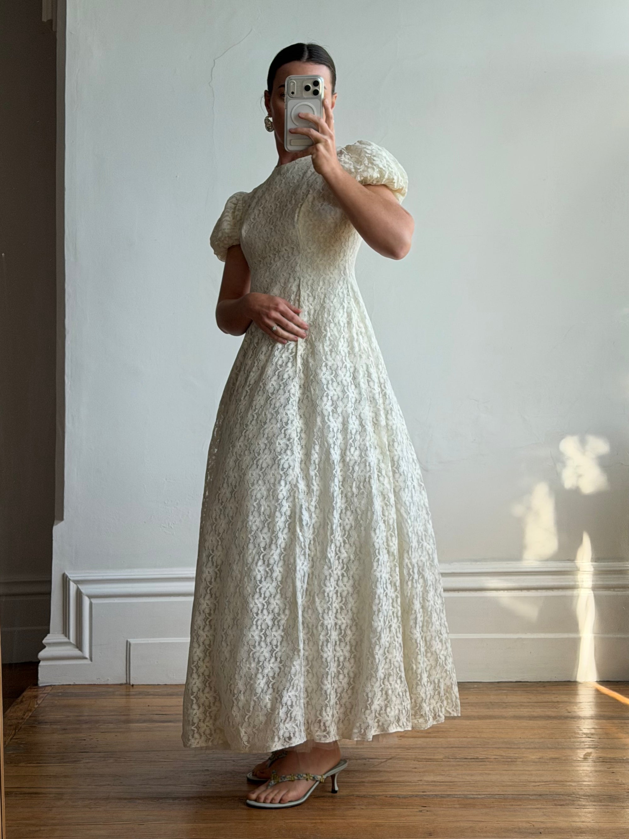 Vintage 60s Lace Puff Sleeve Wedding Dress with Bows