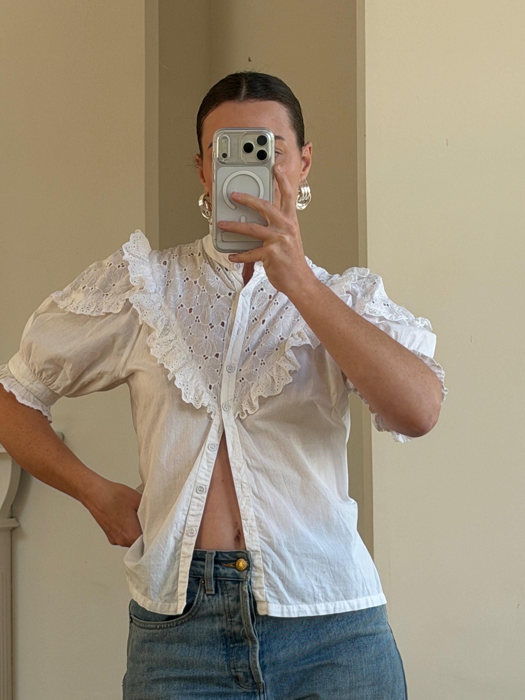 Vintage 90s Broderie Anglaise Cotton Lace Blouse