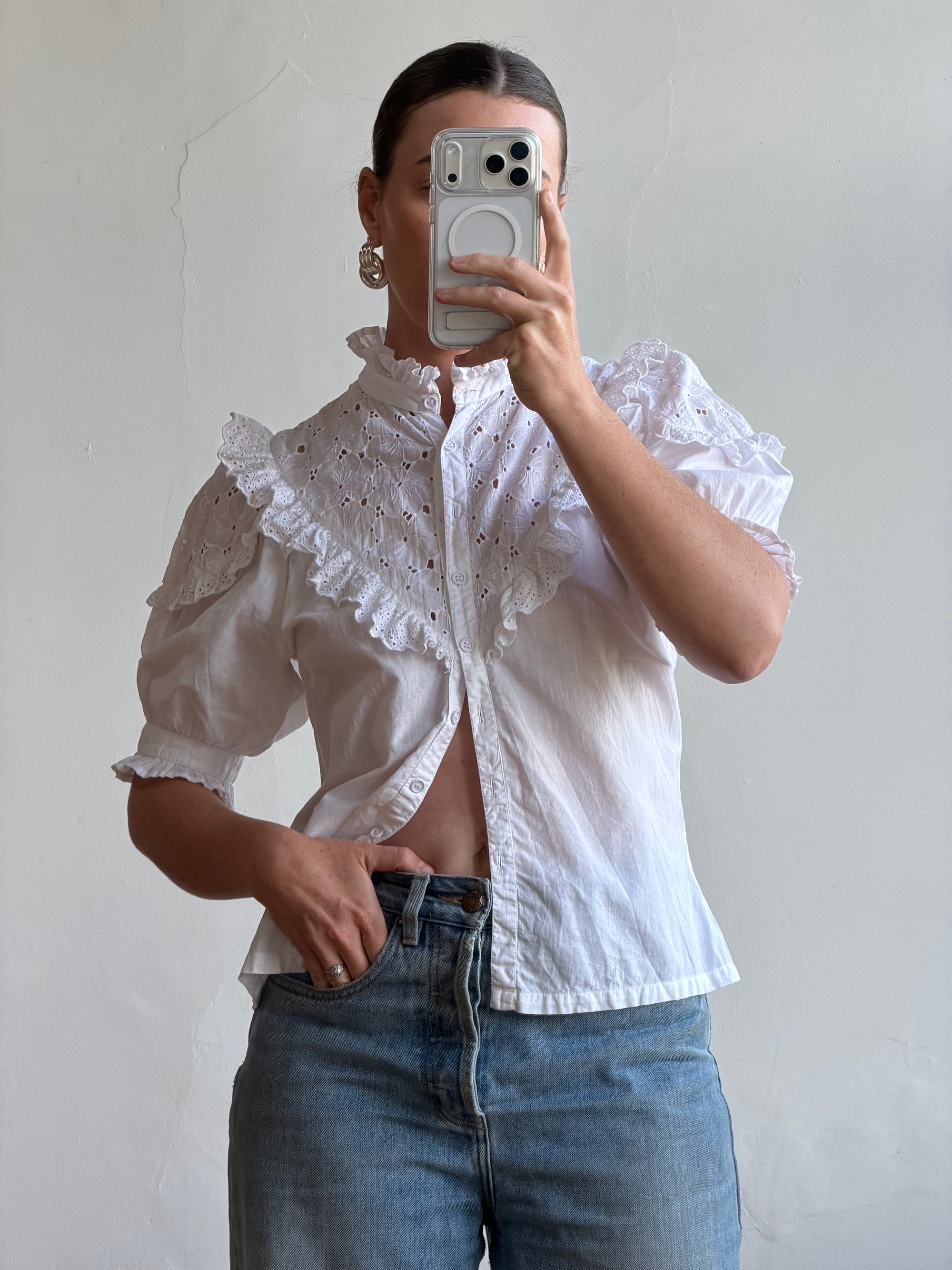 Vintage 90s Broderie Anglaise Cotton Lace Blouse