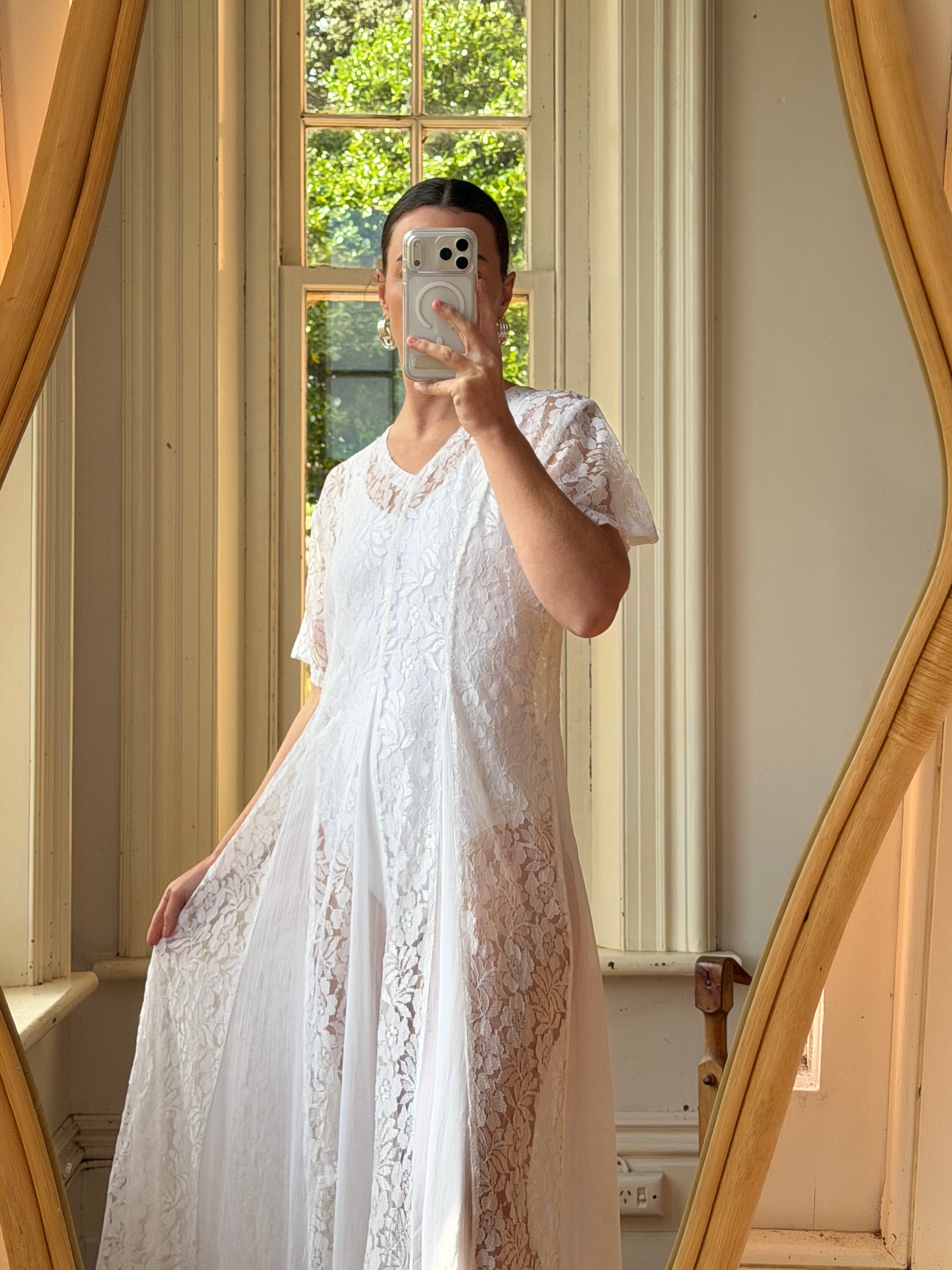 Vintage 80s Pleated Lace Tee Dress Ivory