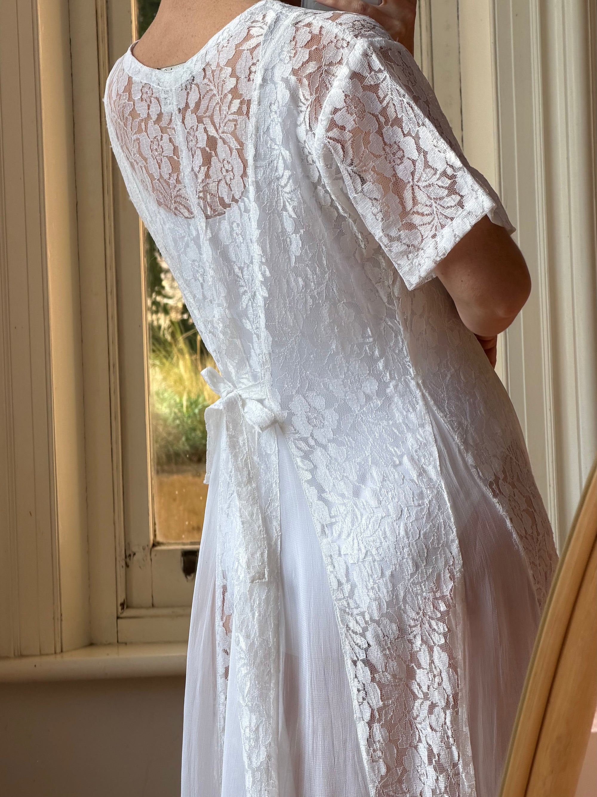 Vintage 80s Pleated Lace Tee Dress Ivory