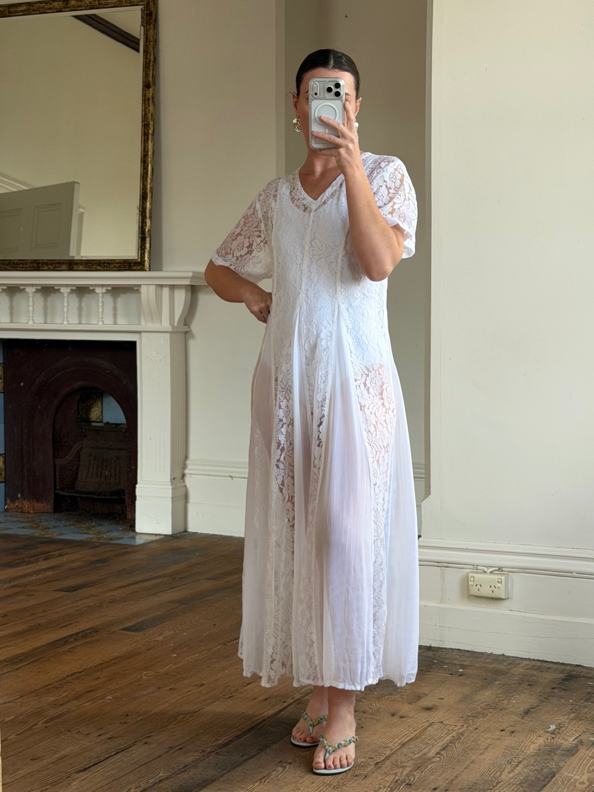 Vintage 80s Pleated Lace Tee Dress Ivory