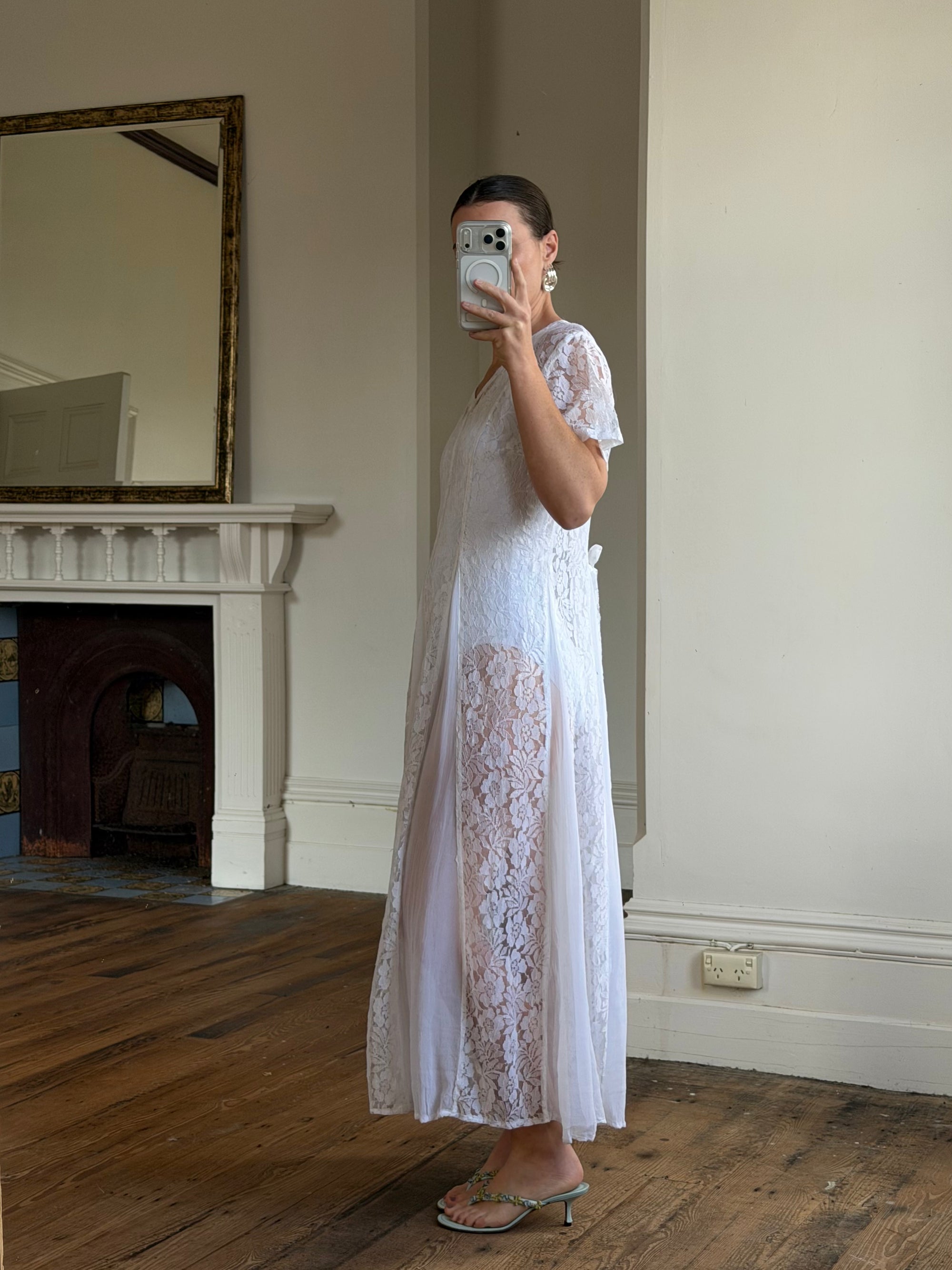 Vintage 80s Pleated Lace Tee Dress Ivory