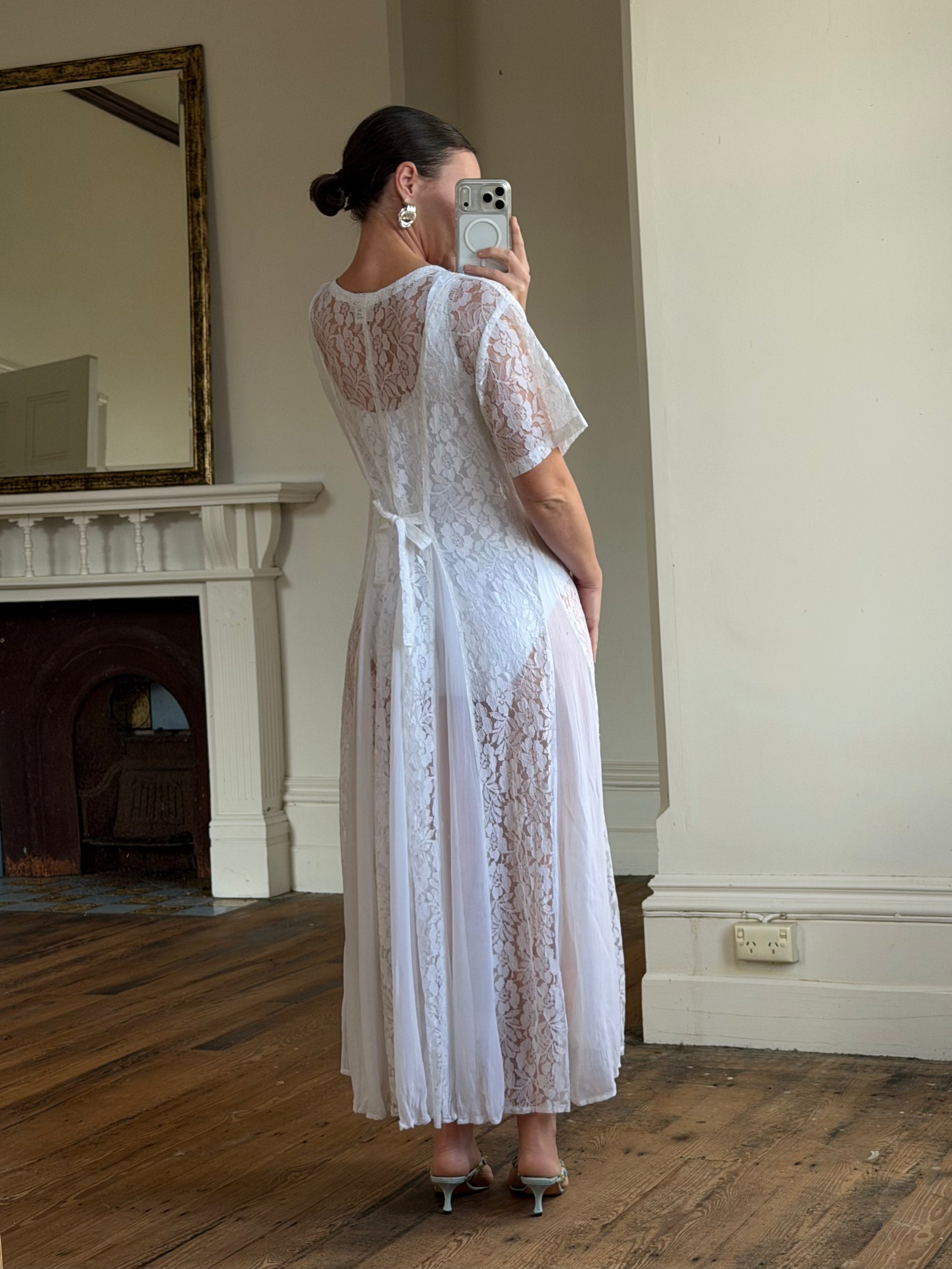 Vintage 80s Pleated Lace Tee Dress Ivory