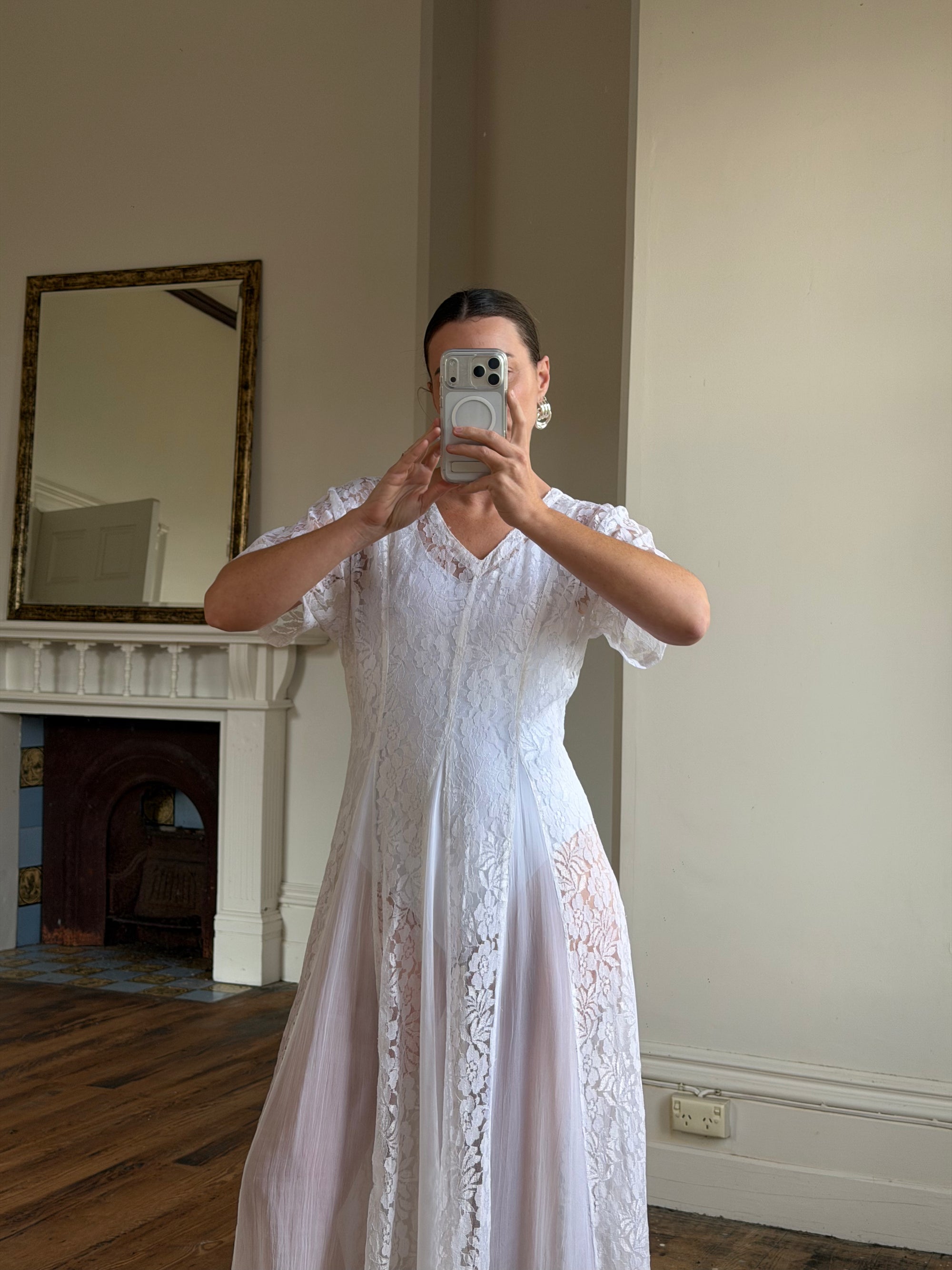 Vintage 80s Pleated Lace Tee Dress Ivory