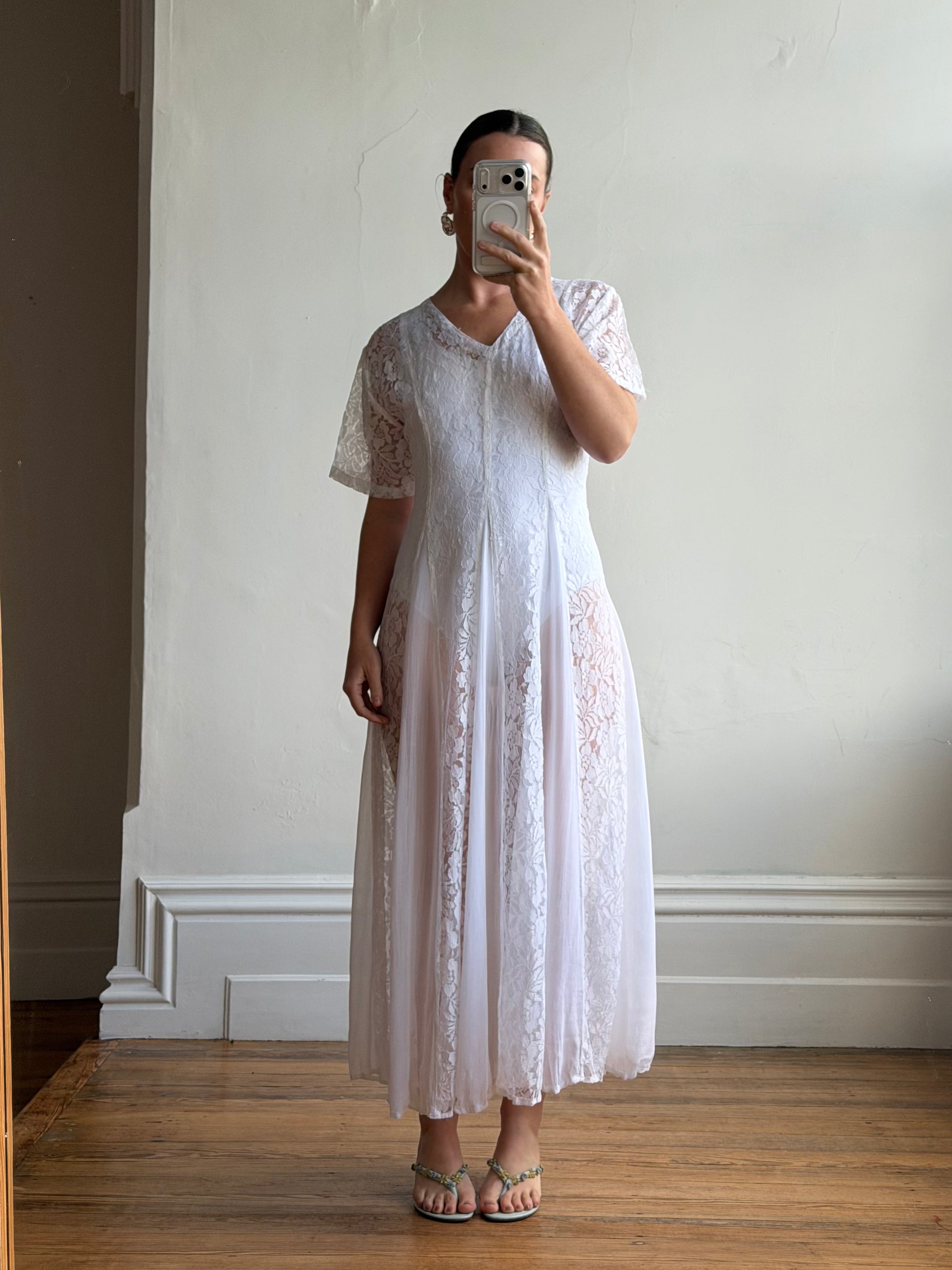 Vintage 80s Pleated Lace Tee Dress Ivory