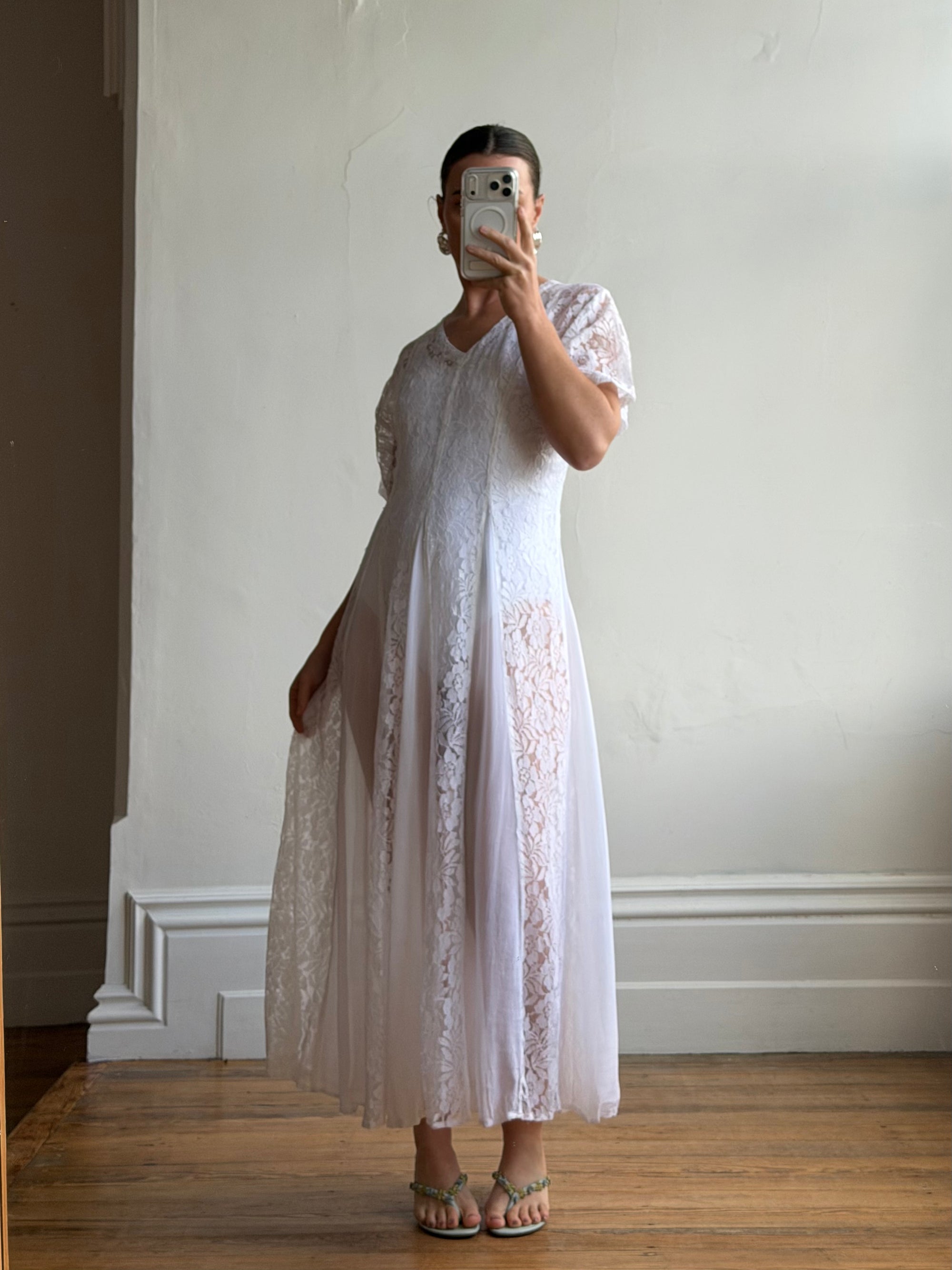 Vintage 80s Pleated Lace Tee Dress Ivory