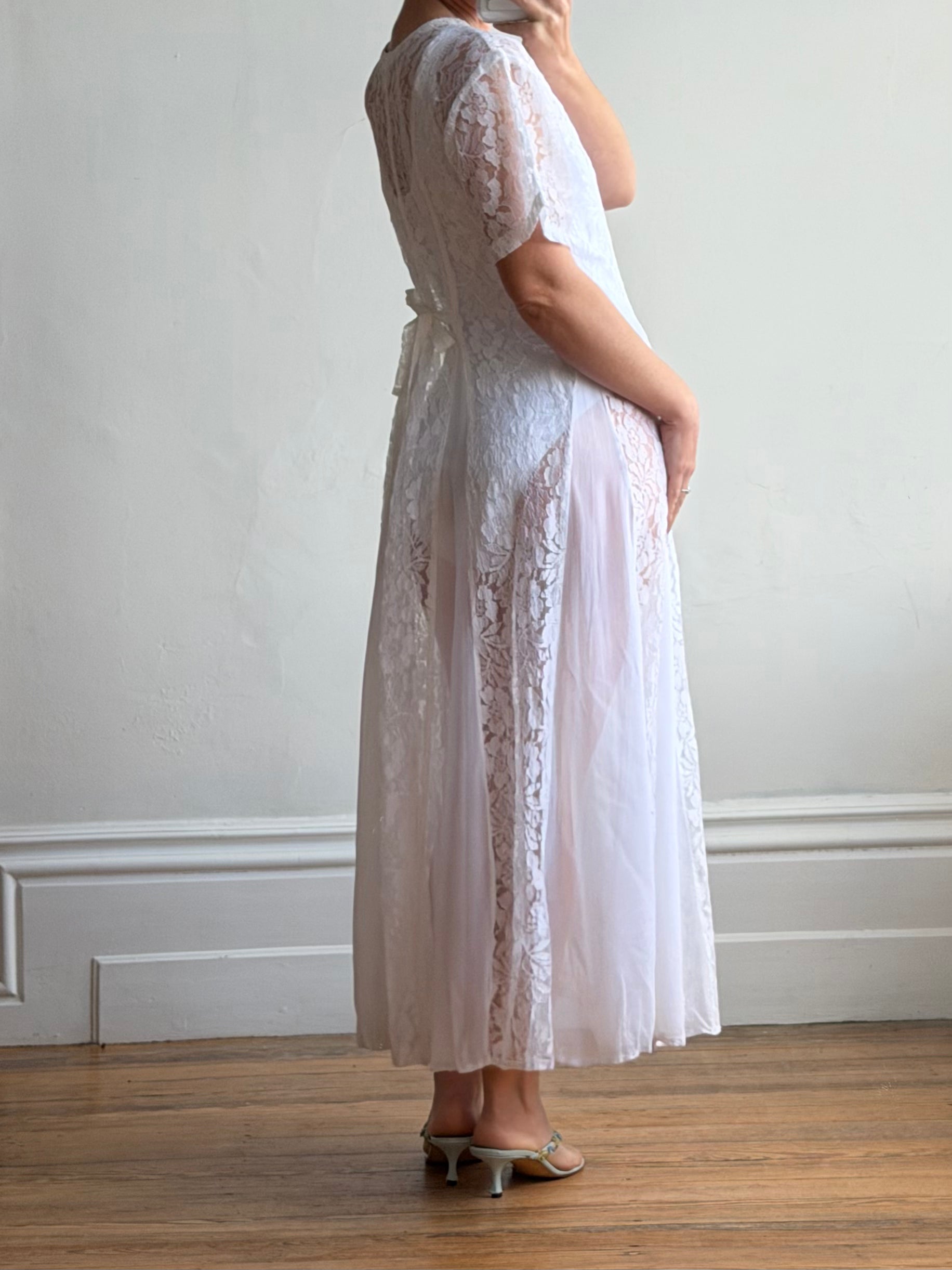 Vintage 80s Pleated Lace Tee Dress Ivory
