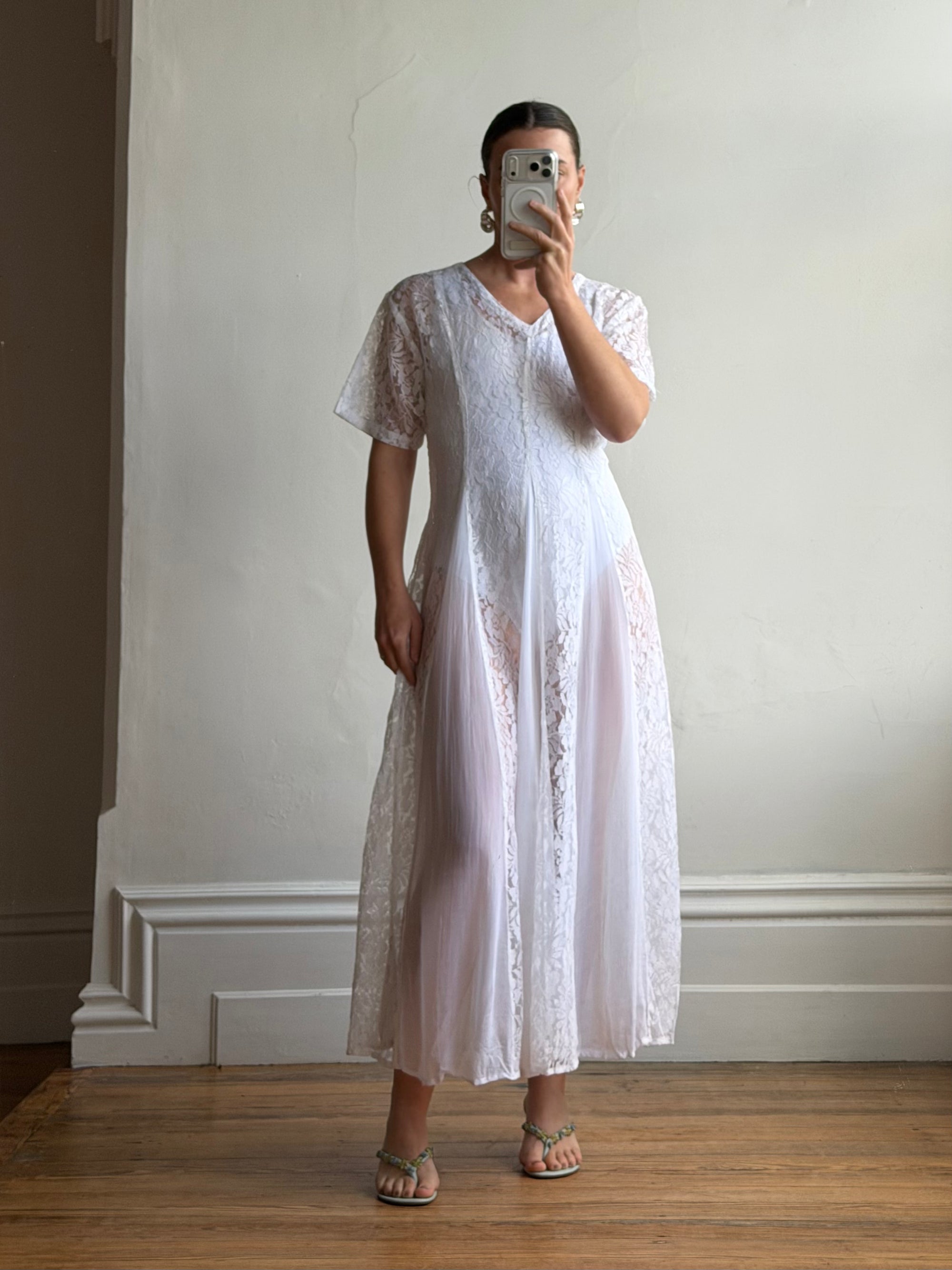 Vintage 80s Pleated Lace Tee Dress Ivory