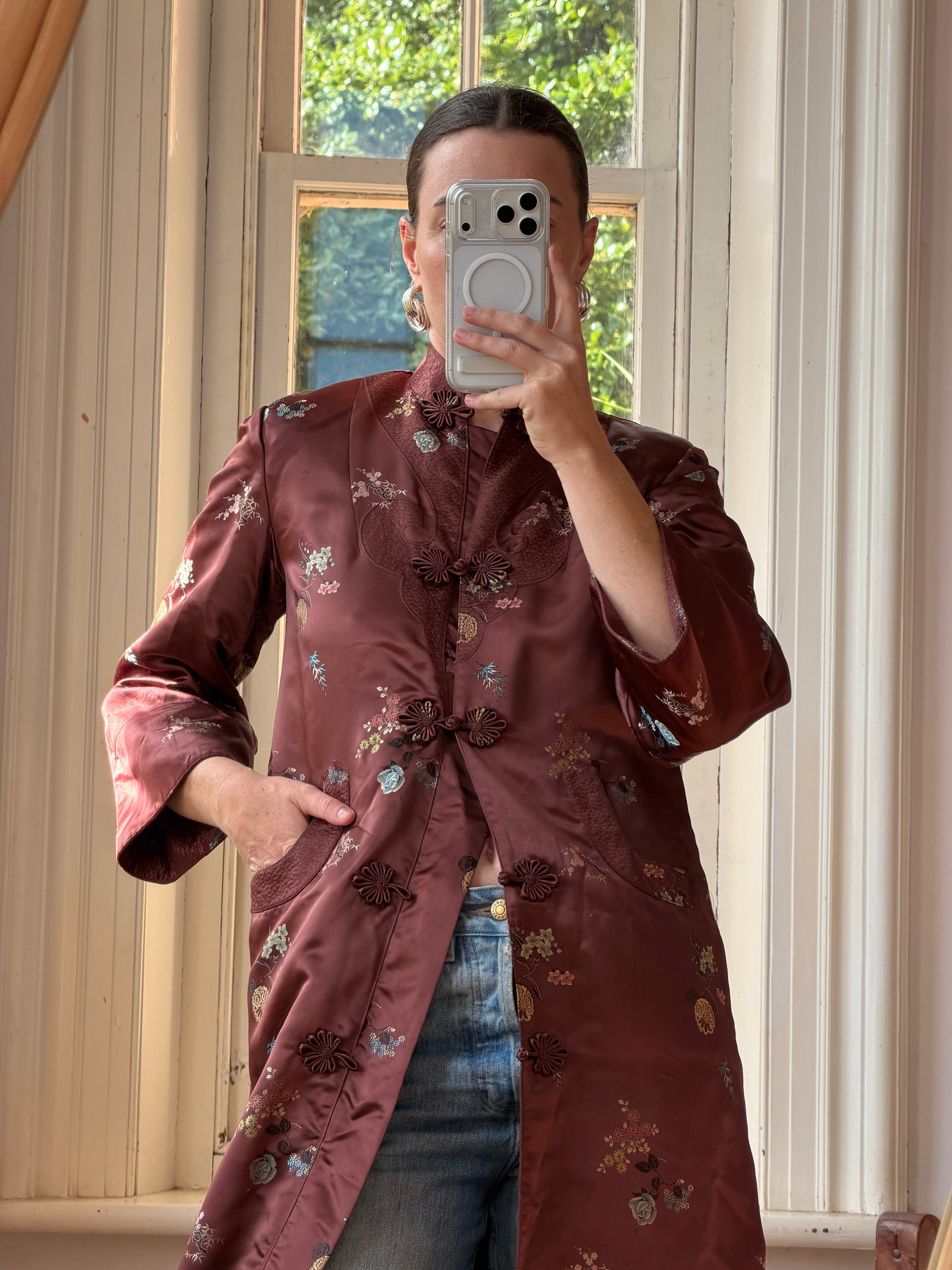 Vintage 60s Frog Closure Satin Brocade Mid Length Jacket Chocolate