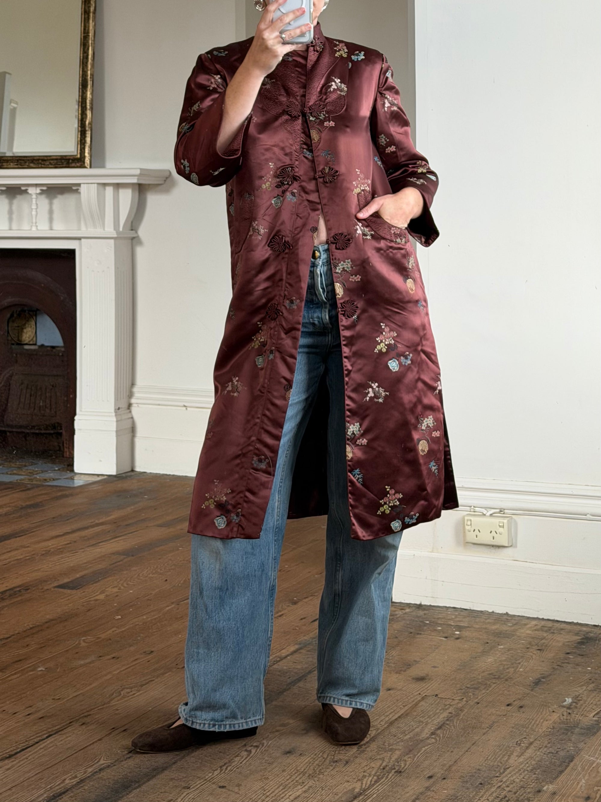Vintage 60s Frog Closure Satin Brocade Mid Length Jacket Chocolate