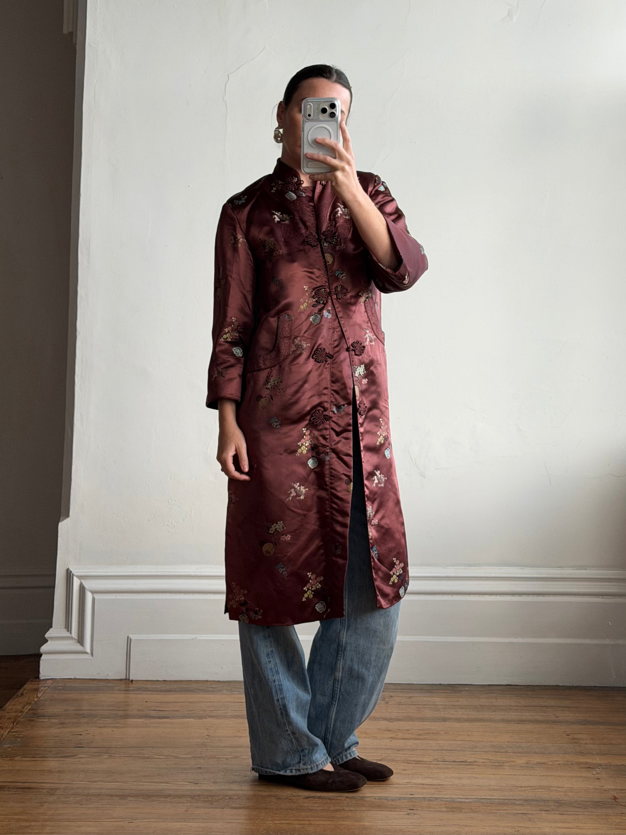 Vintage 60s Frog Closure Satin Brocade Mid Length Jacket Chocolate