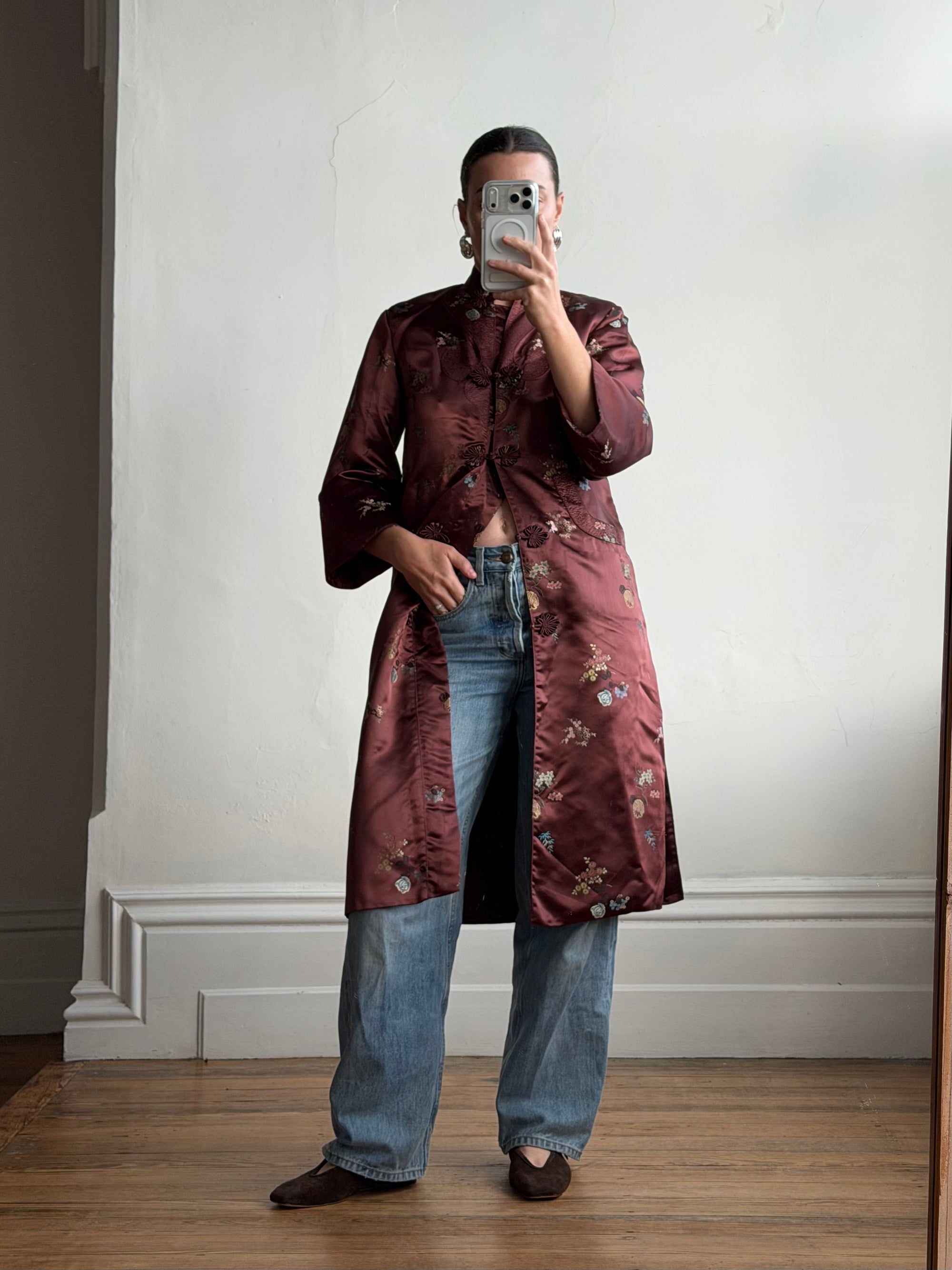 Vintage 60s Frog Closure Satin Brocade Mid Length Jacket Chocolate