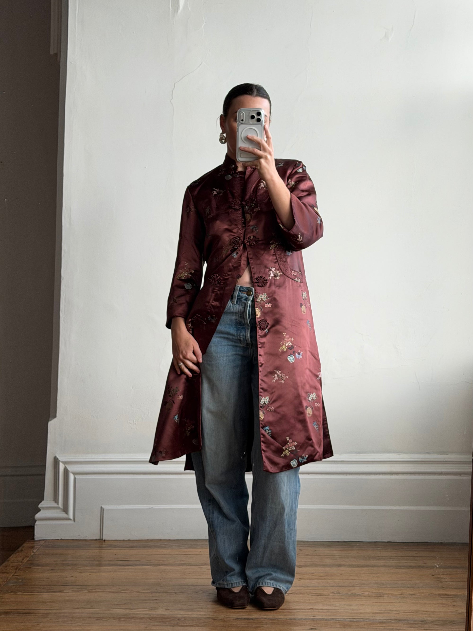 Vintage 60s Frog Closure Satin Brocade Mid Length Jacket Chocolate