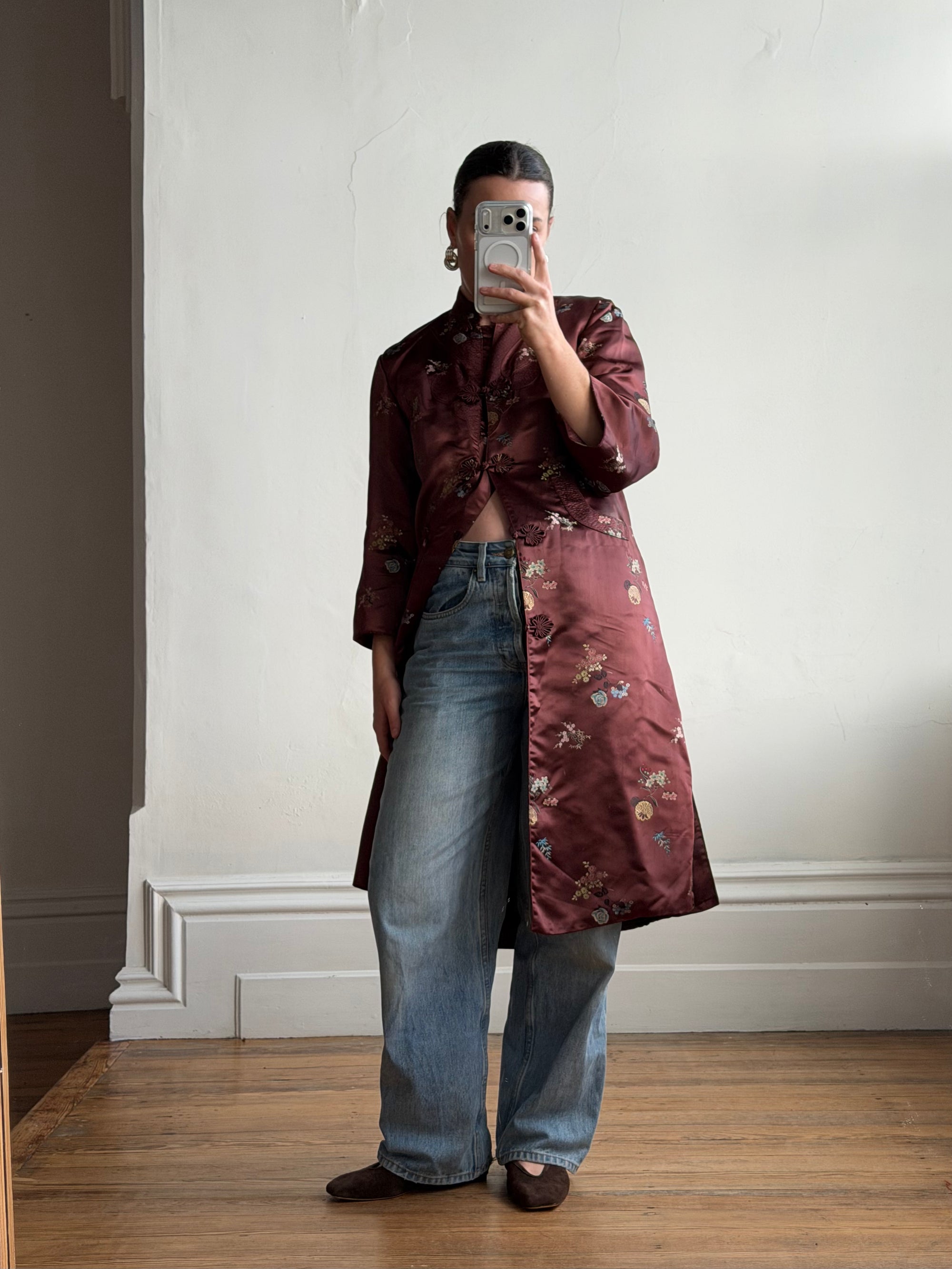 Vintage 60s Frog Closure Satin Brocade Mid Length Jacket Chocolate