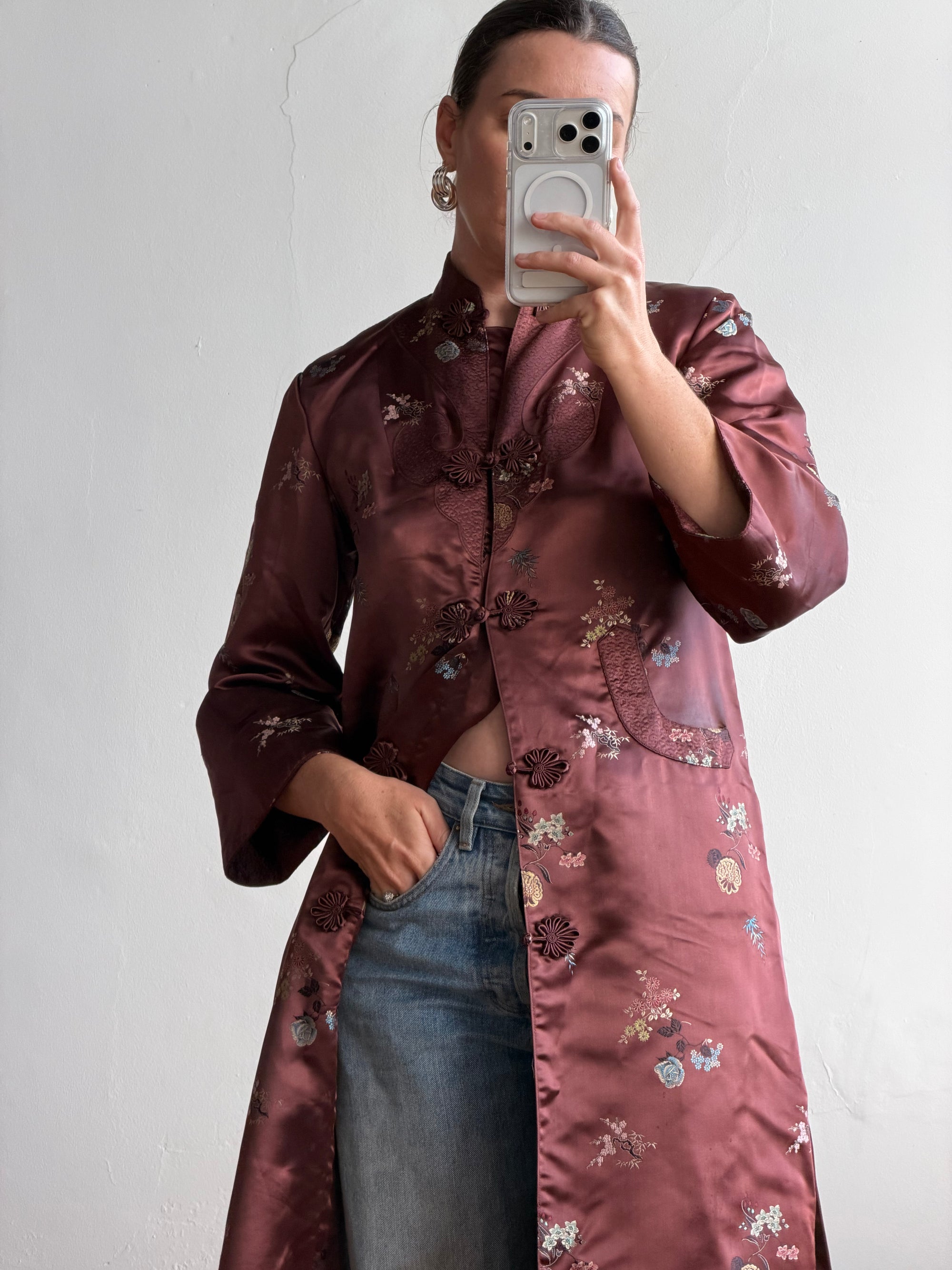 Vintage 60s Frog Closure Satin Brocade Mid Length Jacket Chocolate