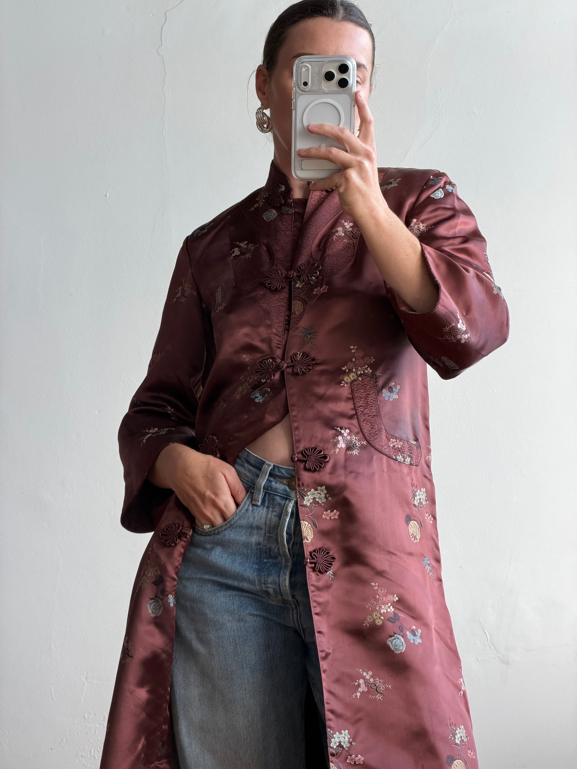 Vintage 60s Frog Closure Satin Brocade Mid Length Jacket Chocolate