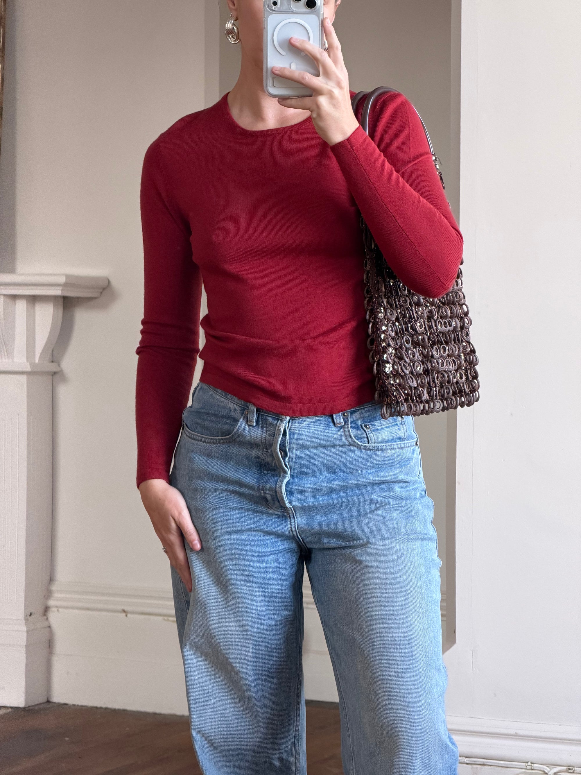 Vintage 90s Pure Wool Knit Top Deep Red
