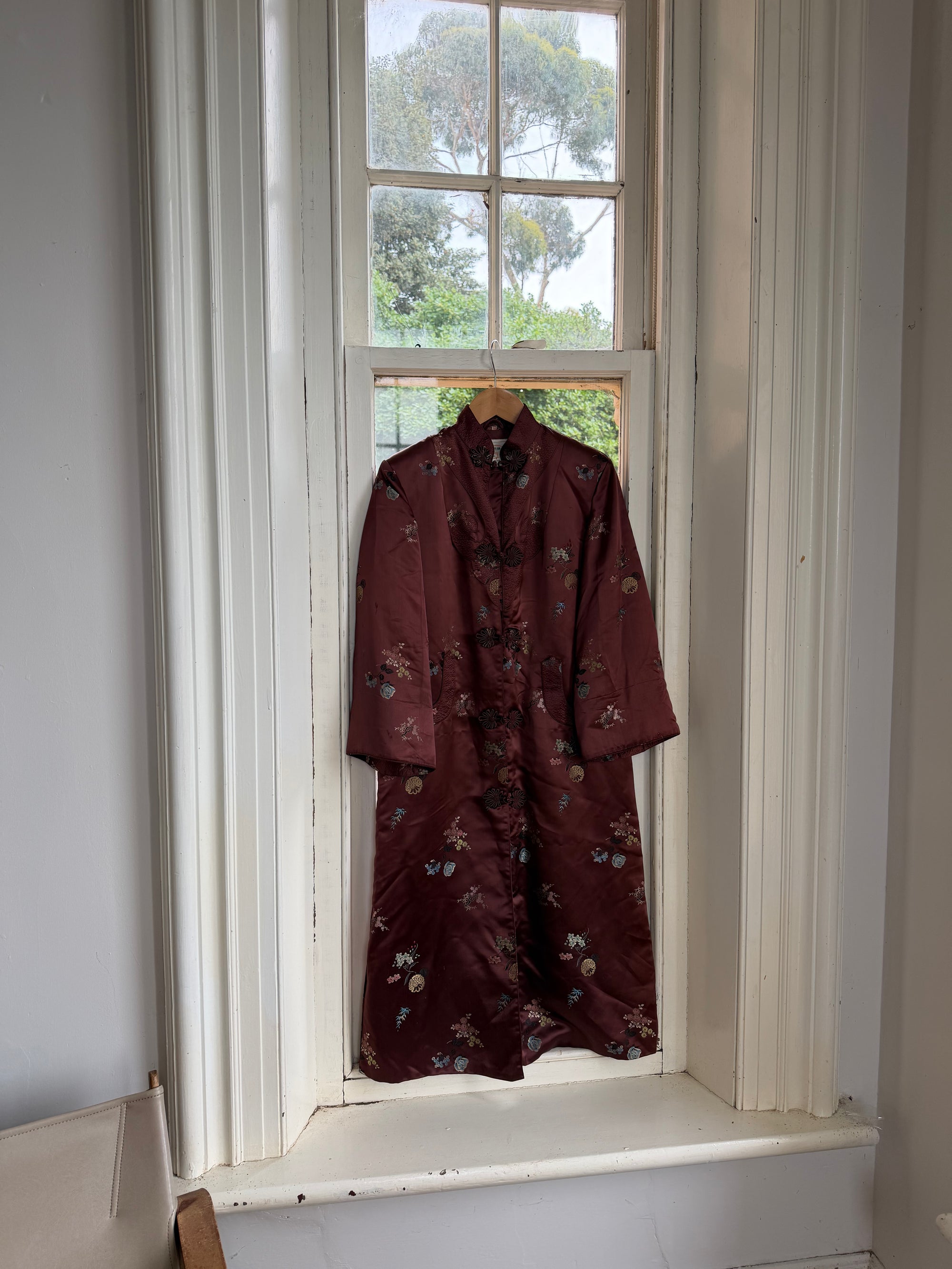 Vintage 60s Frog Closure Satin Brocade Mid Length Jacket Chocolate