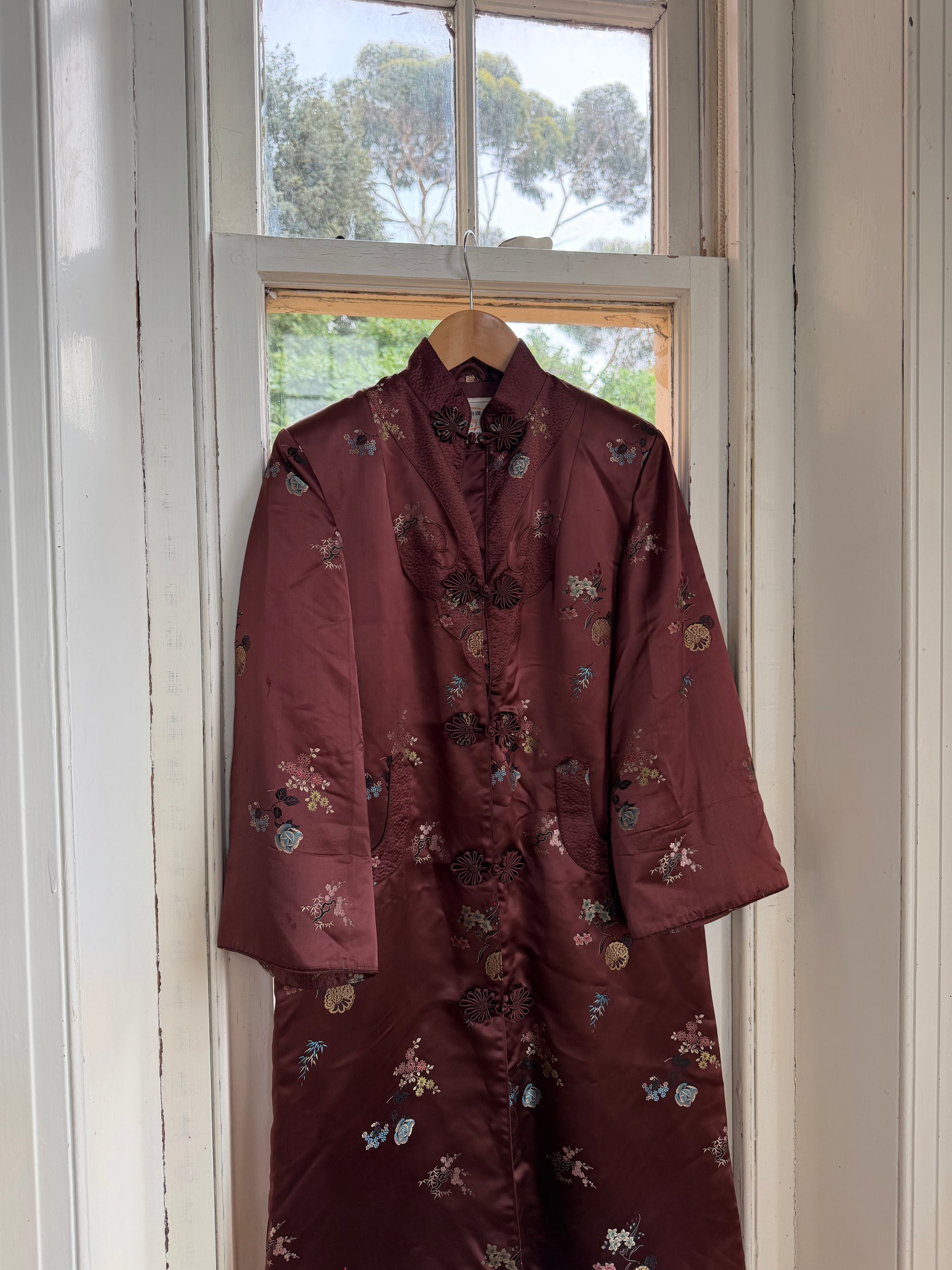 Vintage 60s Frog Closure Satin Brocade Mid Length Jacket Chocolate