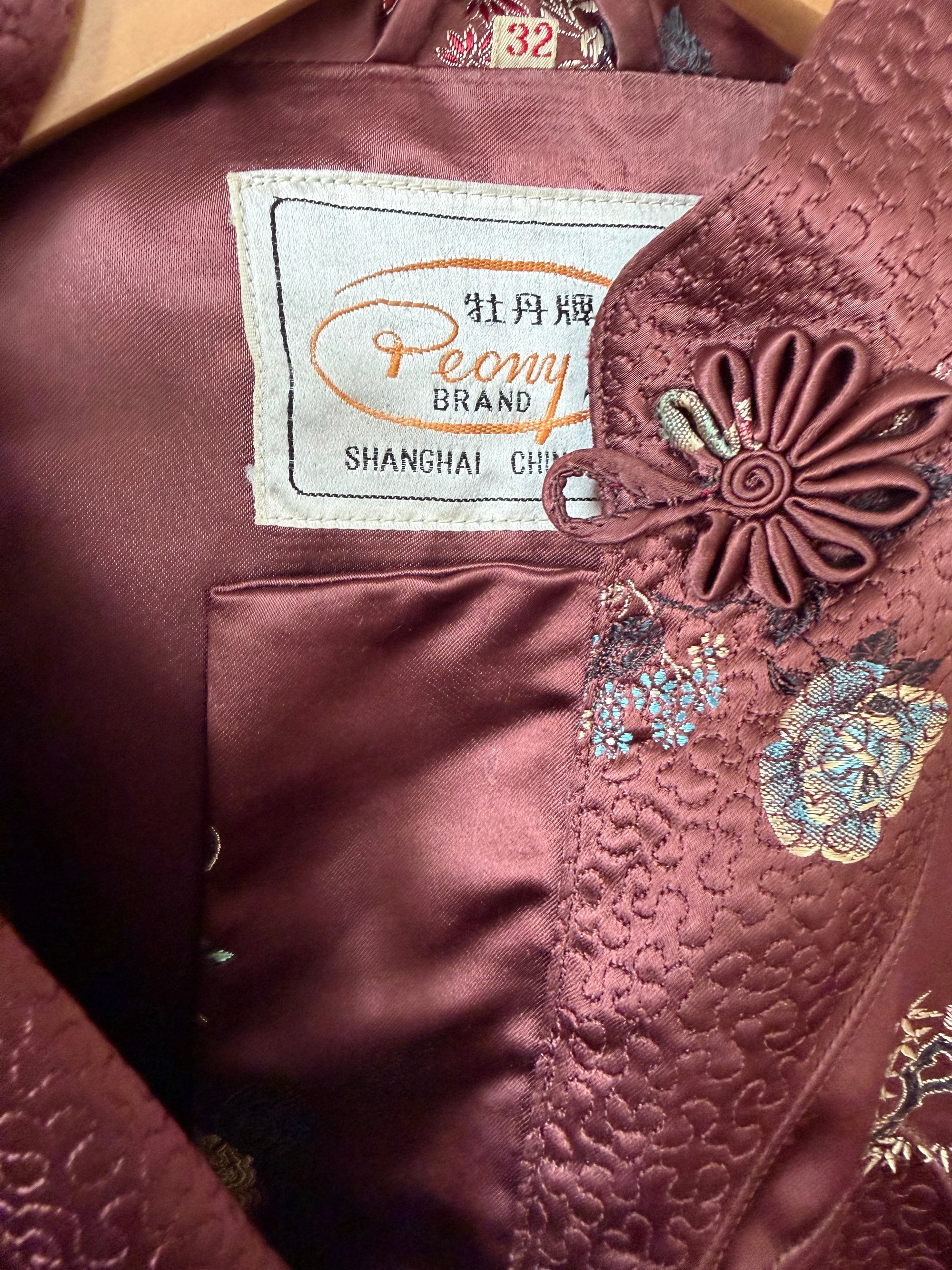 Vintage 60s Frog Closure Satin Brocade Mid Length Jacket Chocolate