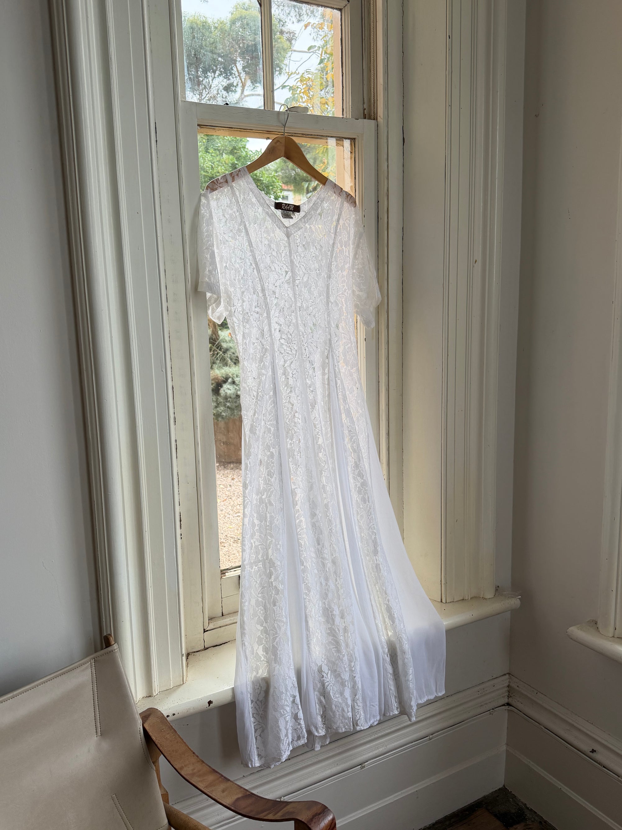 Vintage 80s Pleated Lace Tee Dress Ivory