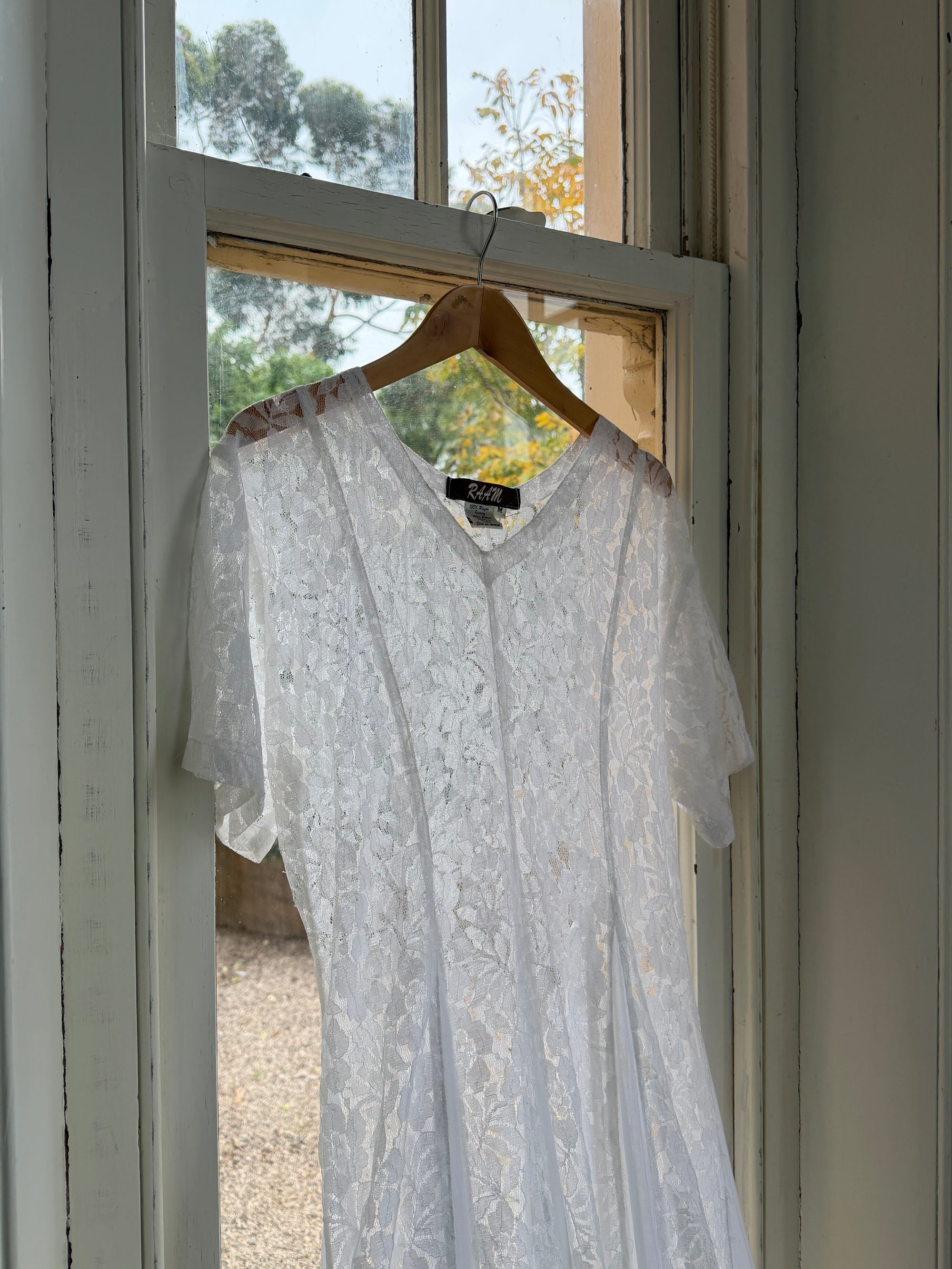 Vintage 80s Pleated Lace Tee Dress Ivory