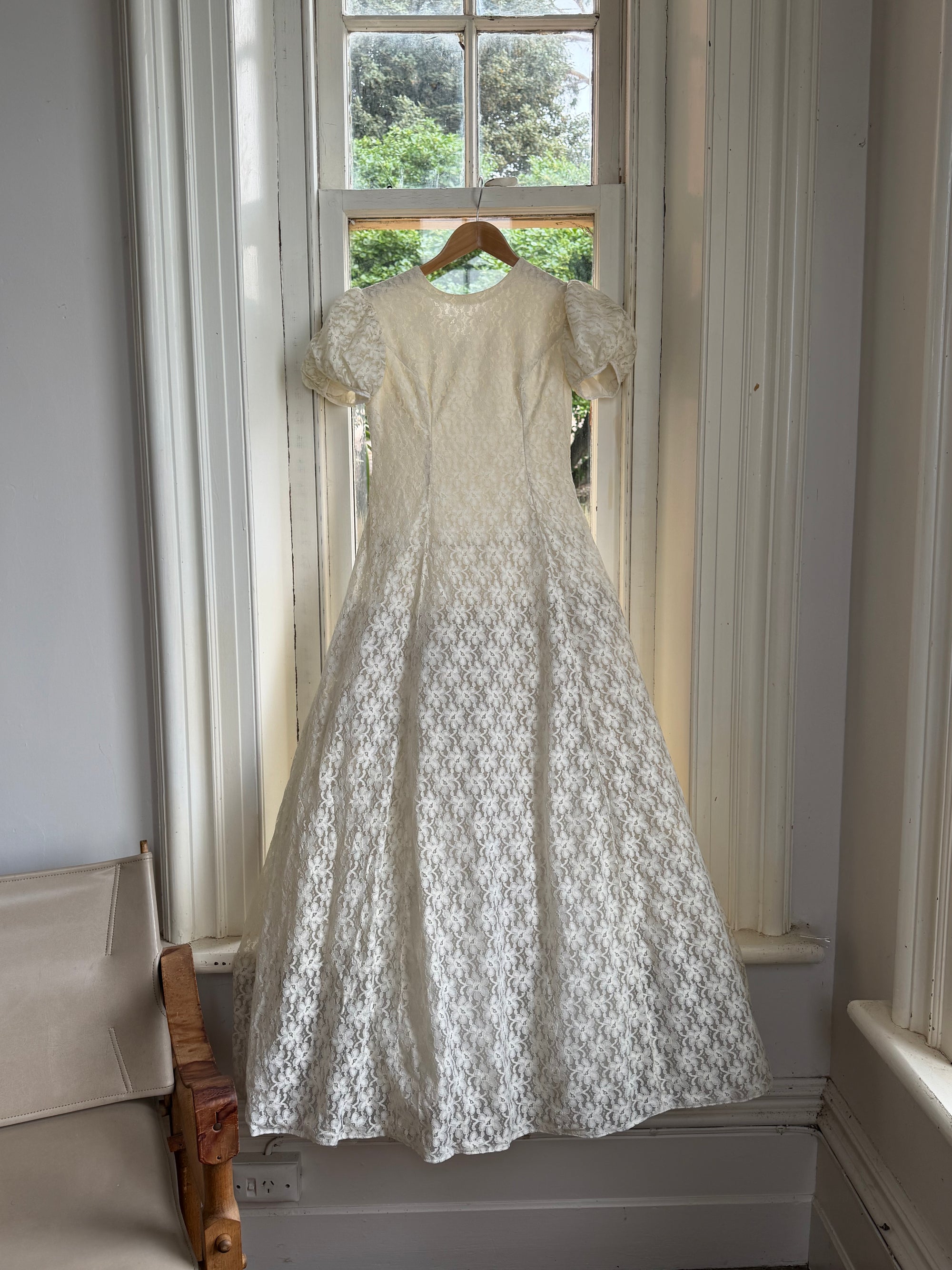 Vintage 60s Lace Puff Sleeve Wedding Dress with Bows