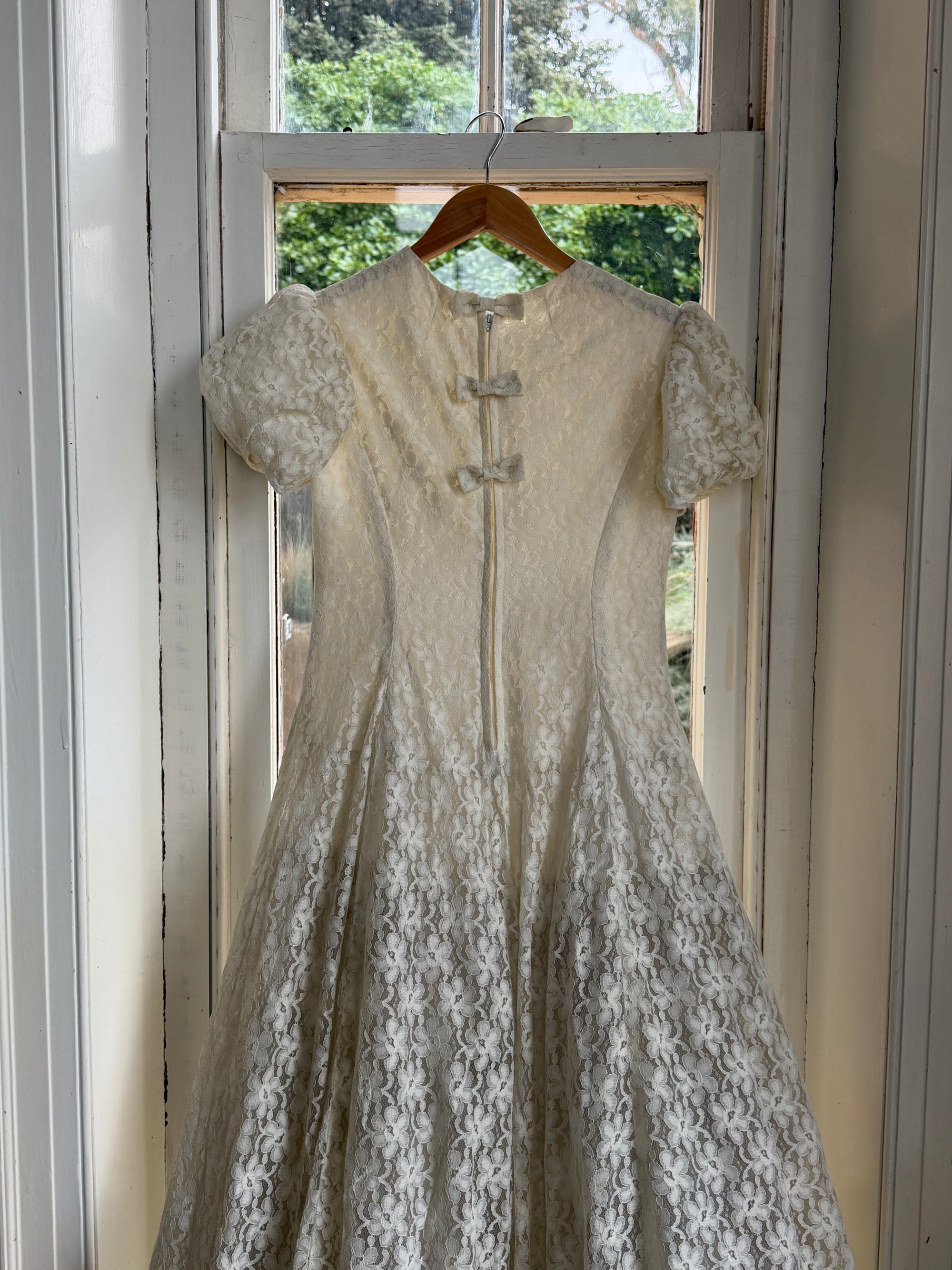 Vintage 60s Lace Puff Sleeve Wedding Dress with Bows