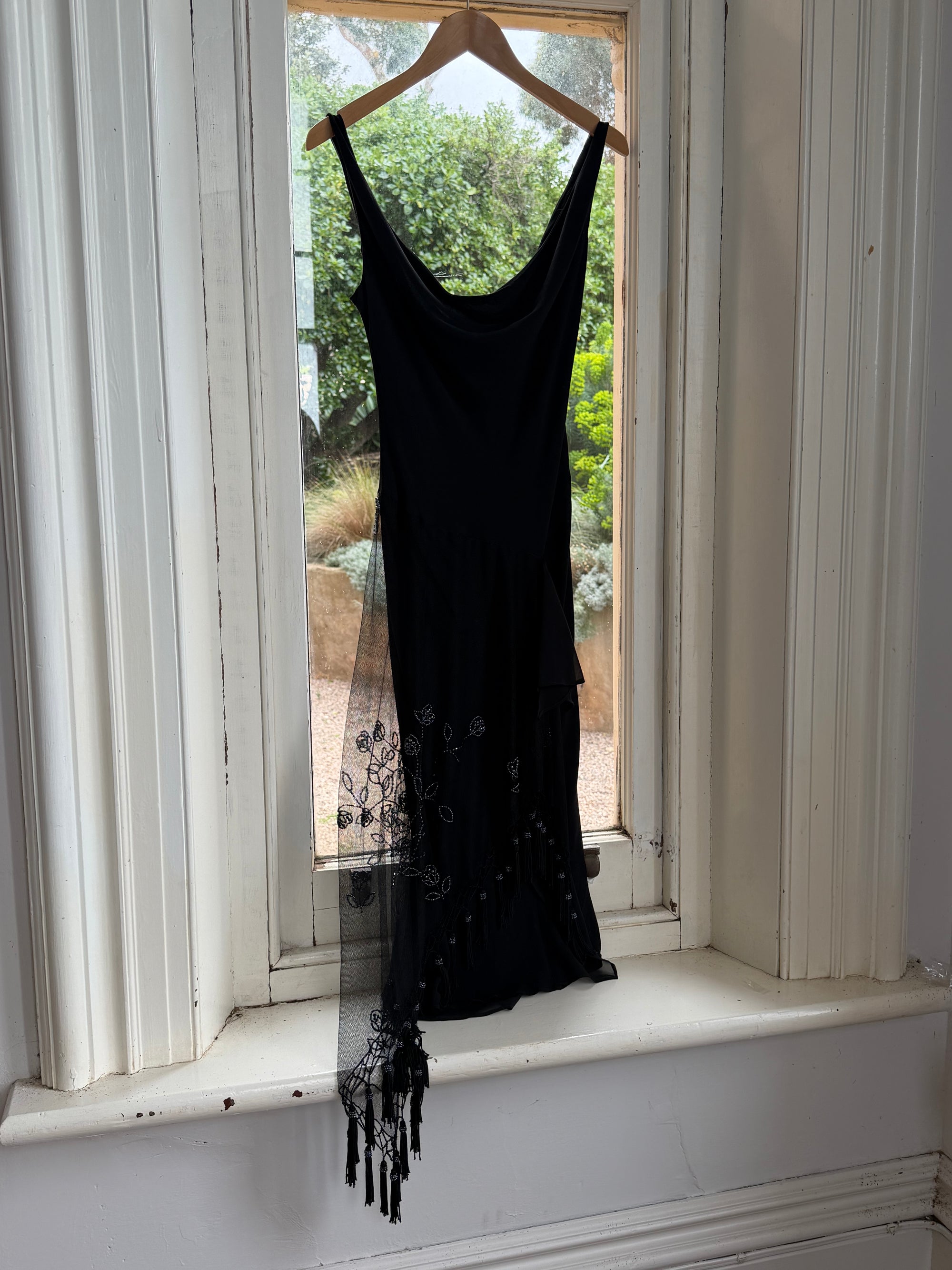 Vintage 90s Asymmetrical Beaded Fringe Cowl Dress