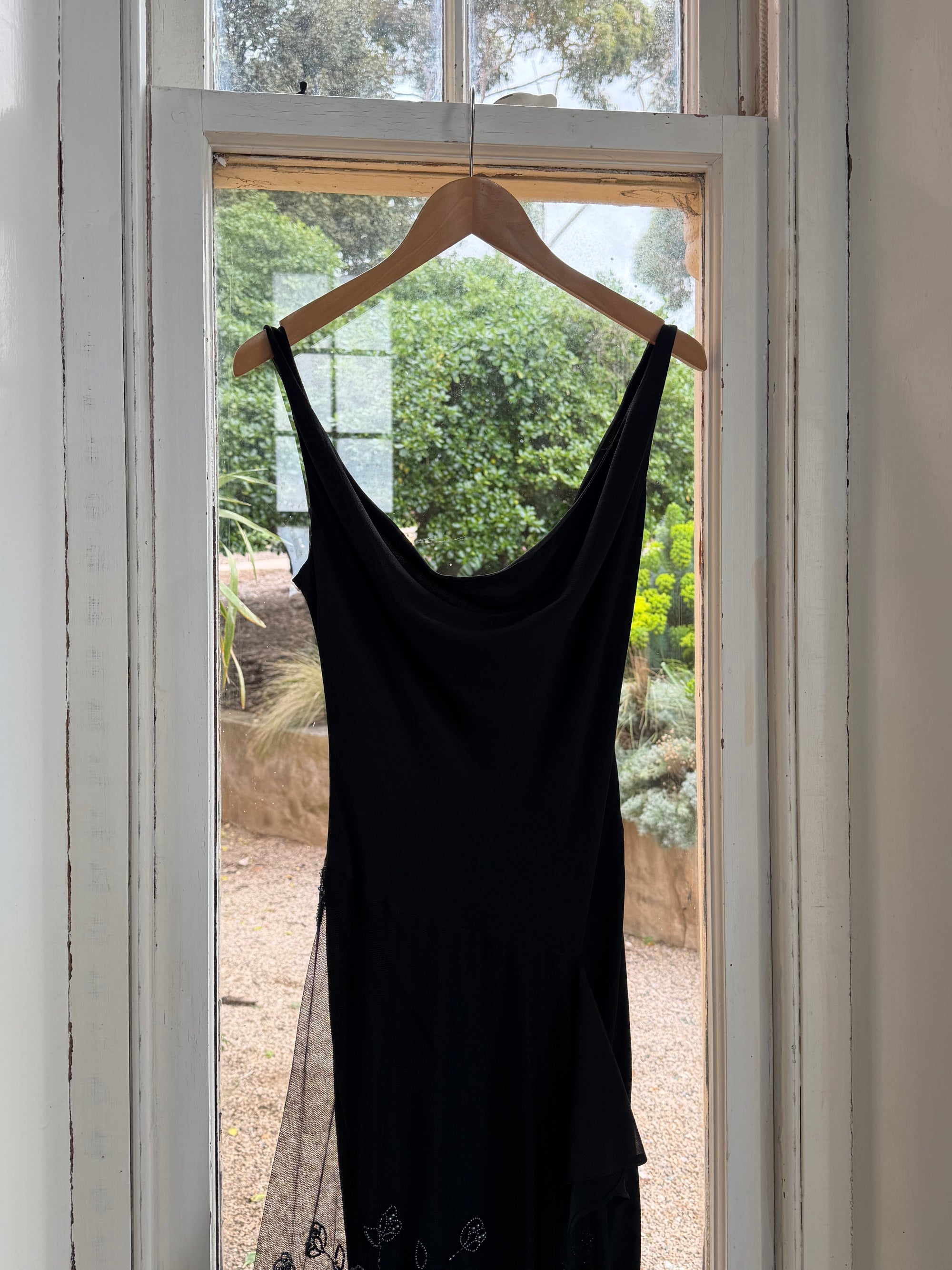 Vintage 90s Asymmetrical Beaded Fringe Cowl Dress