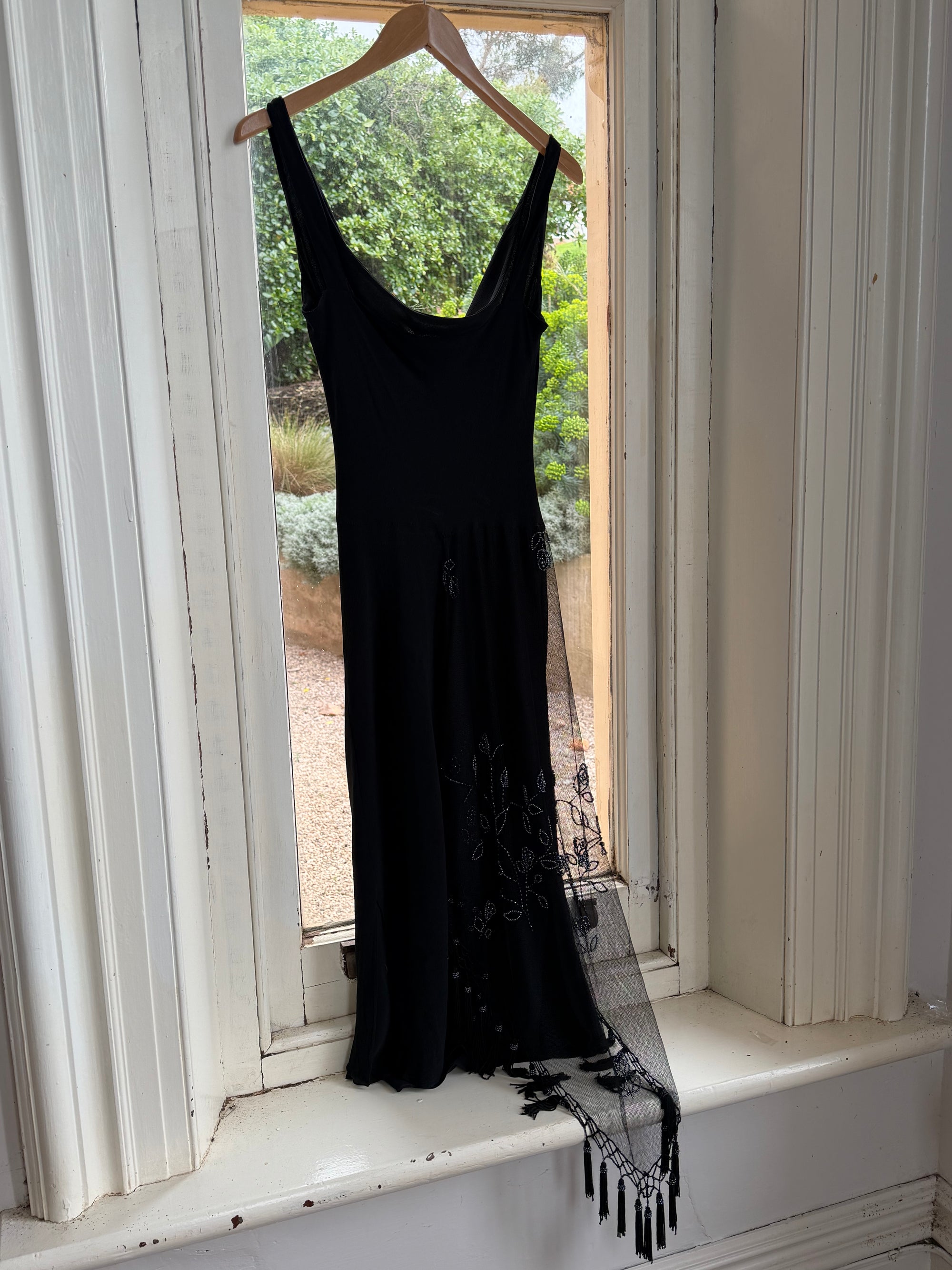 Vintage 90s Asymmetrical Beaded Fringe Cowl Dress