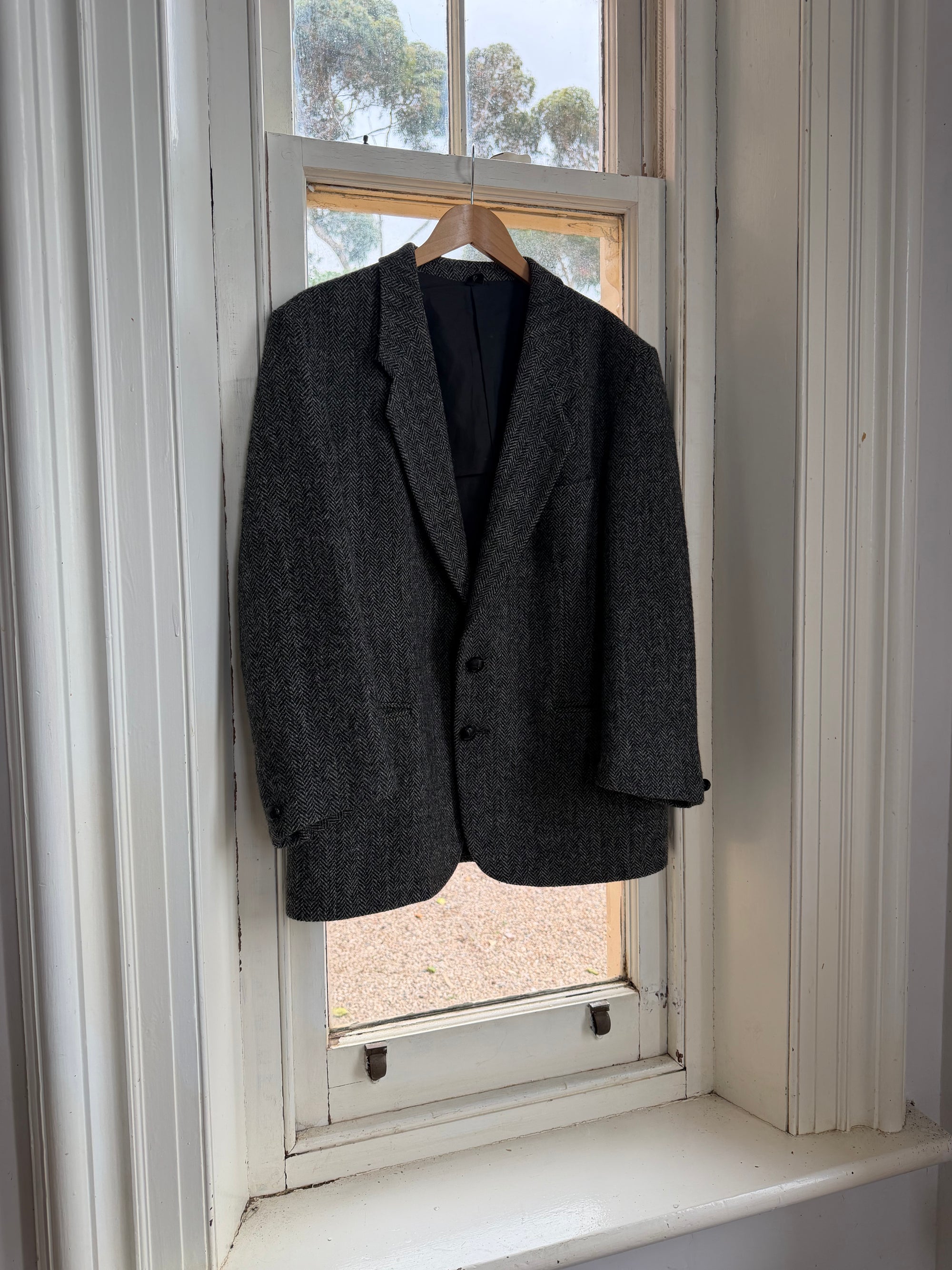 Vintage 70s Grey Herringbone Tweed Longline Blazer