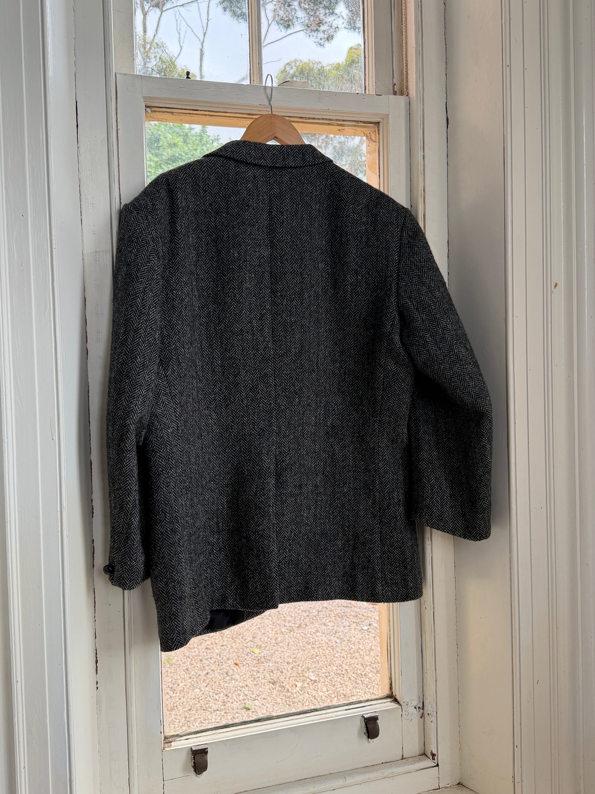 Vintage 70s Grey Herringbone Tweed Longline Blazer
