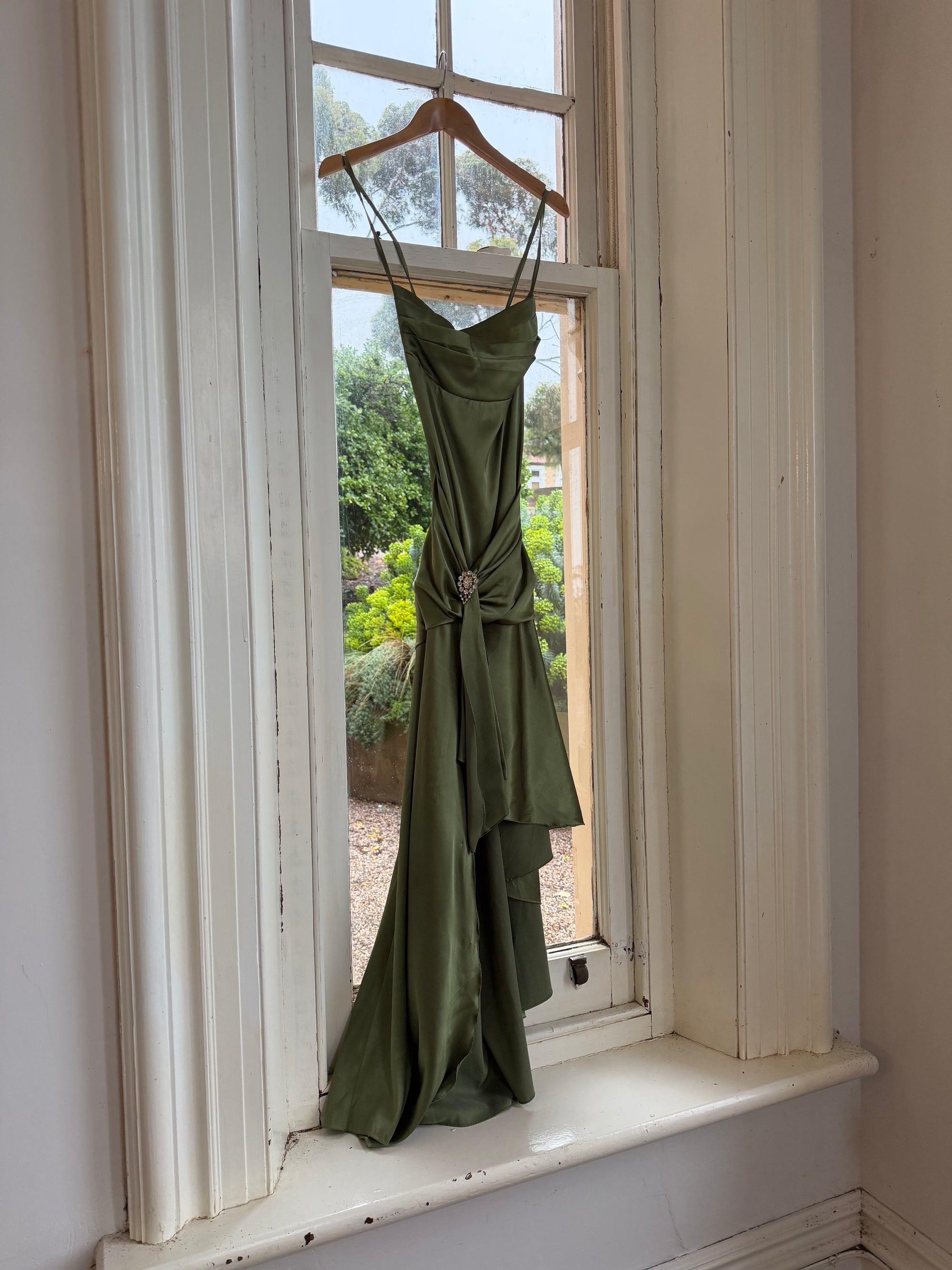 Vintage 90s Olive Green Satin Bias Rhinestone Dress