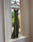 Vintage 90s Olive Green Satin Bias Rhinestone Dress