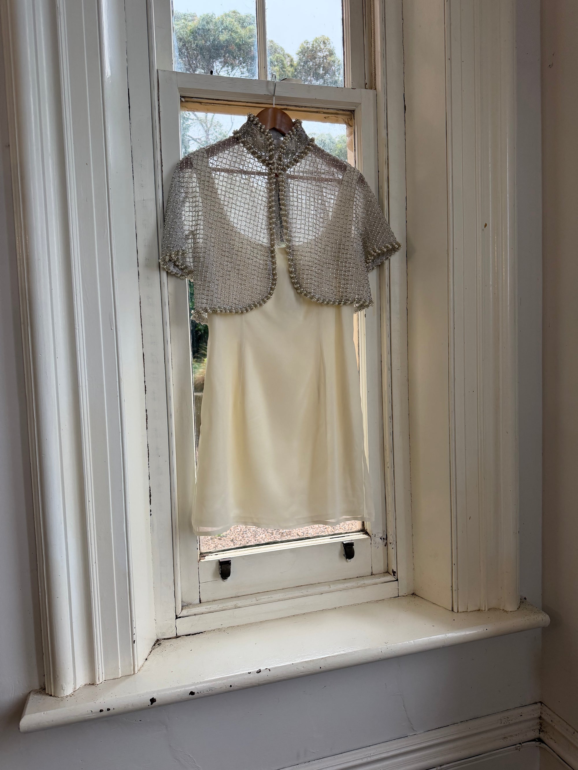 Vintage 90s Italian Couture Pearl Beaded Caplet and Satin Mini Dress Set
