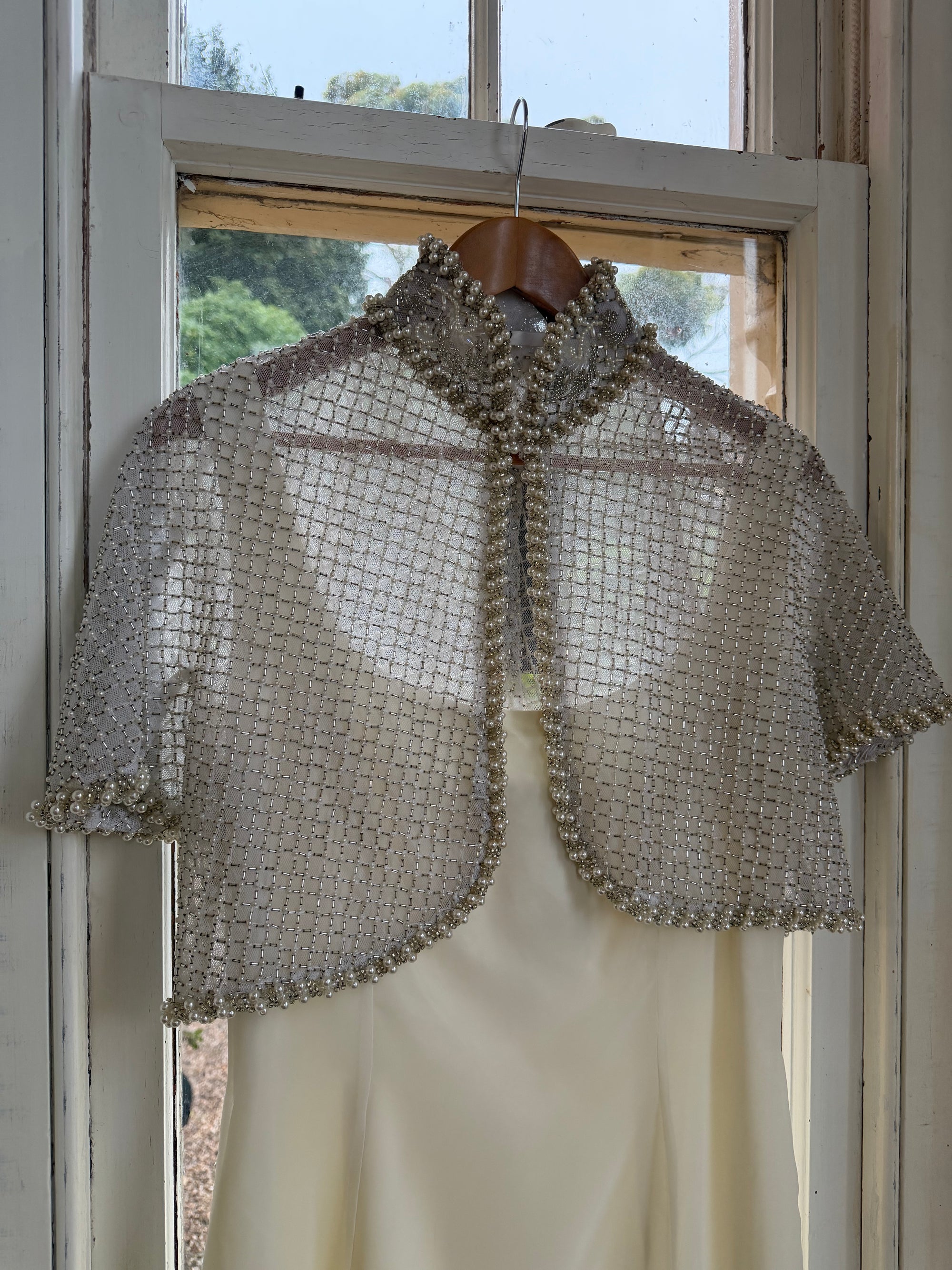 Vintage 90s Italian Couture Pearl Beaded Caplet and Satin Mini Dress Set