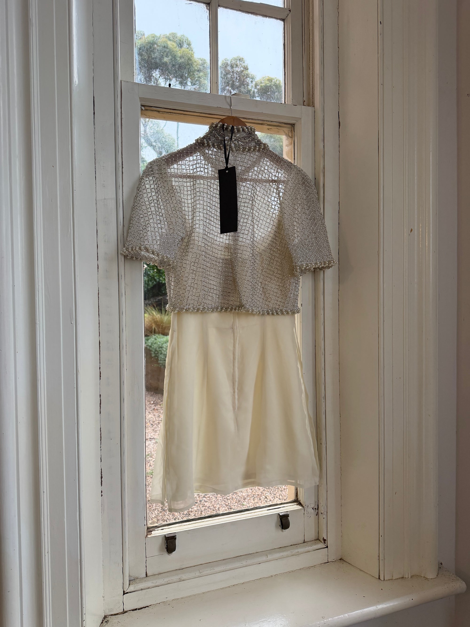 Vintage 90s Italian Couture Pearl Beaded Caplet and Satin Mini Dress Set
