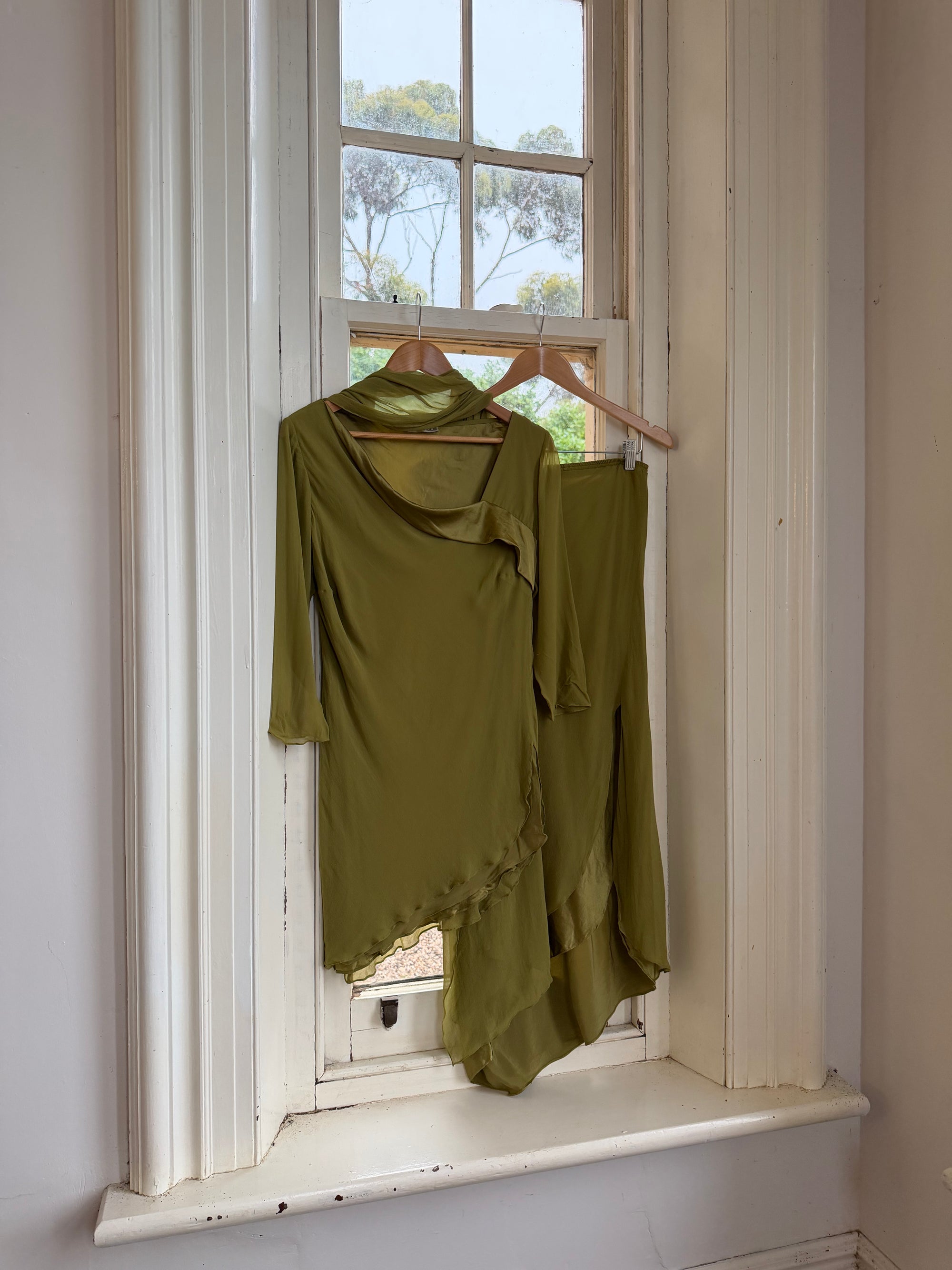 Vintage 90s Pure Silk 3-Piece Asymmetrical Set Olive
