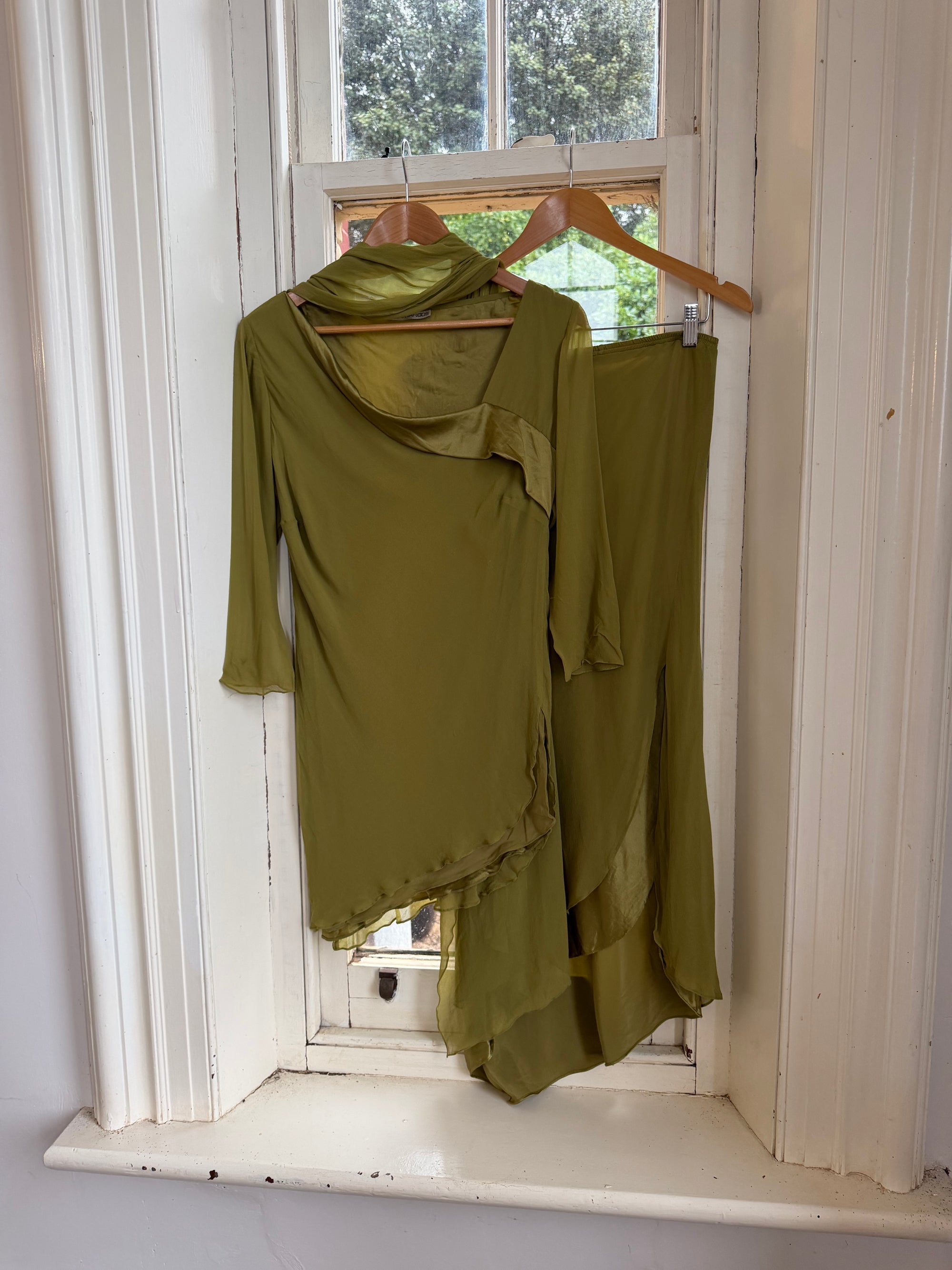 Vintage 90s Pure Silk 3-Piece Asymmetrical Set Olive