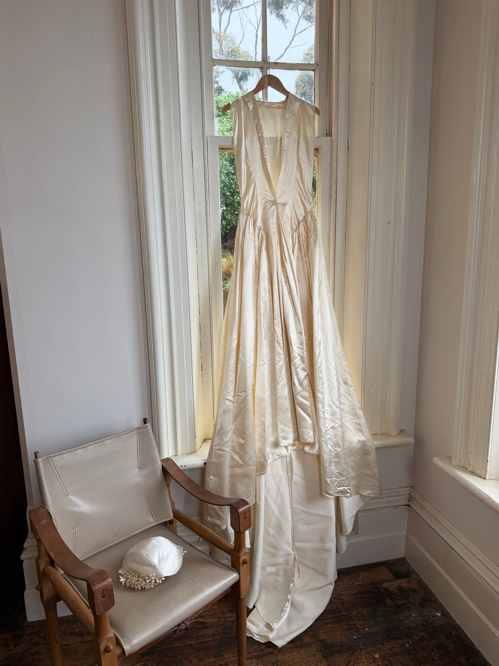 Vintage 40s Liquid Satin Plunging Wedding Gown with Pearl Cap
