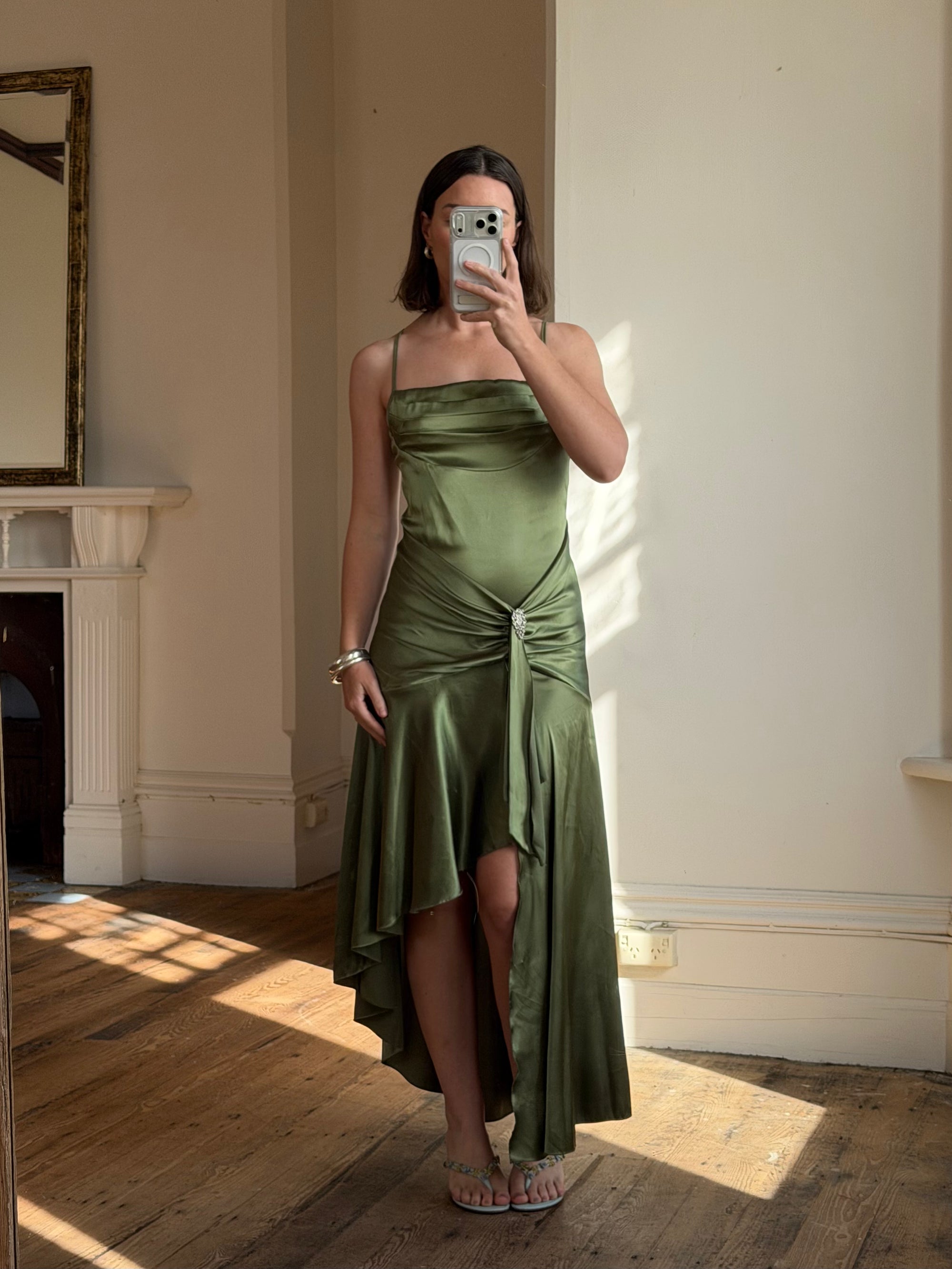 Vintage 90s Olive Green Satin Bias Rhinestone Dress