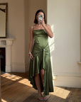 Vintage 90s Olive Green Satin Bias Rhinestone Dress