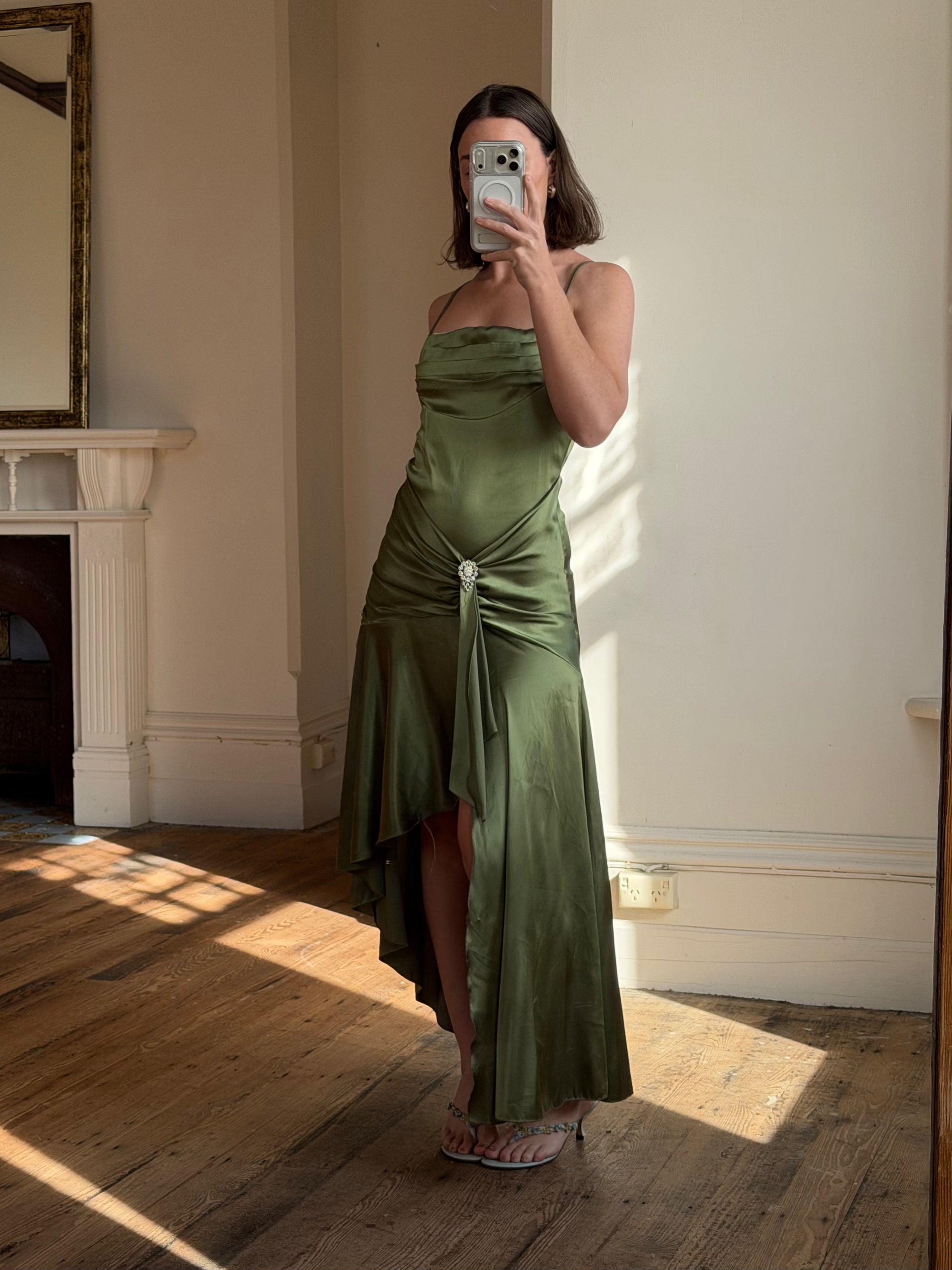 Vintage 90s Olive Green Satin Bias Rhinestone Dress