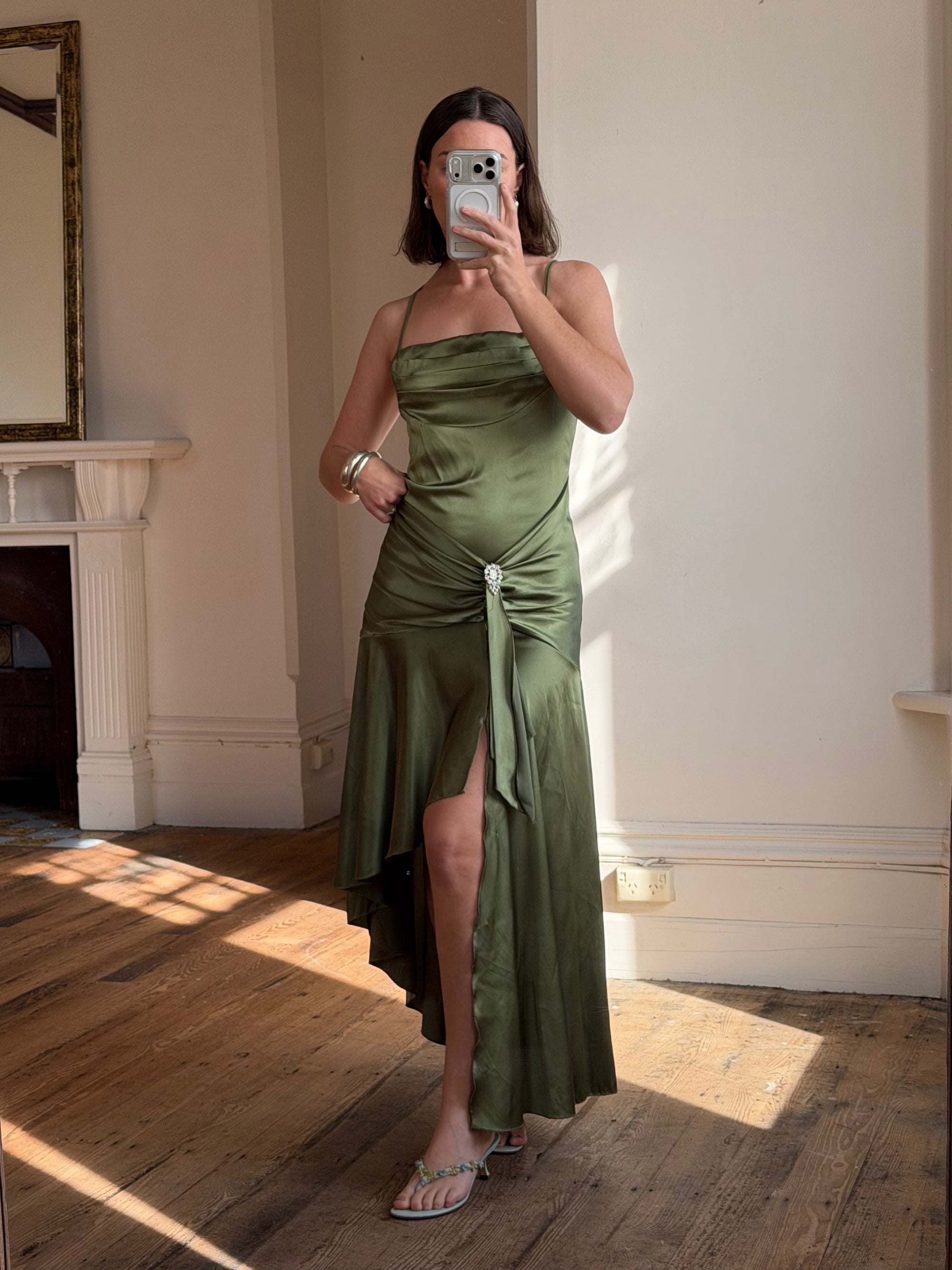 Vintage 90s Olive Green Satin Bias Rhinestone Dress