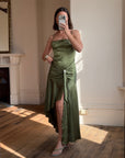 Vintage 90s Olive Green Satin Bias Rhinestone Dress